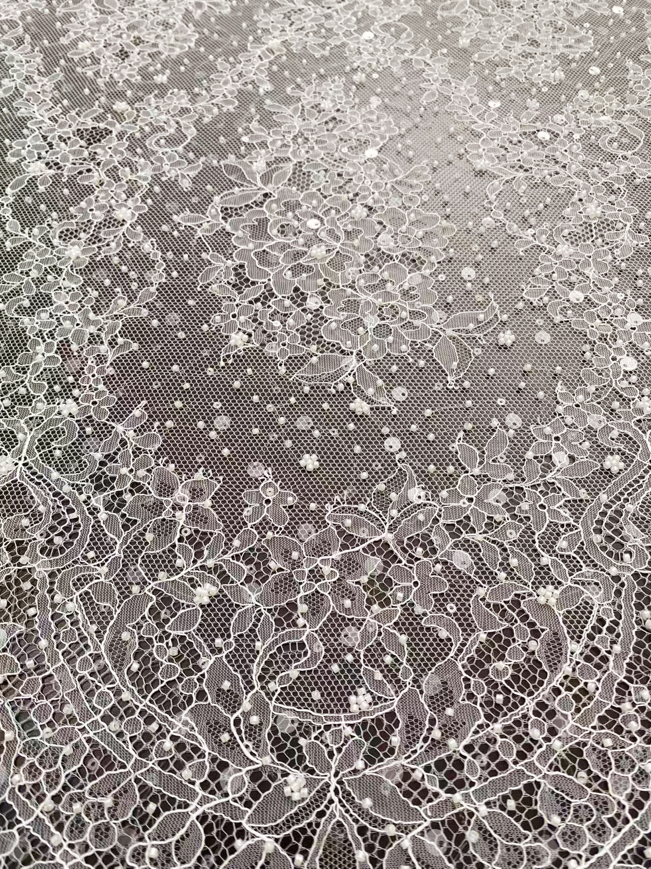 White Beaded Chantilly French Lace Fabric, Floral Embroidered Lace with Eyelash for Wedding Dress Veils, Sequin Bridal Lace,Sold by 3 Meters