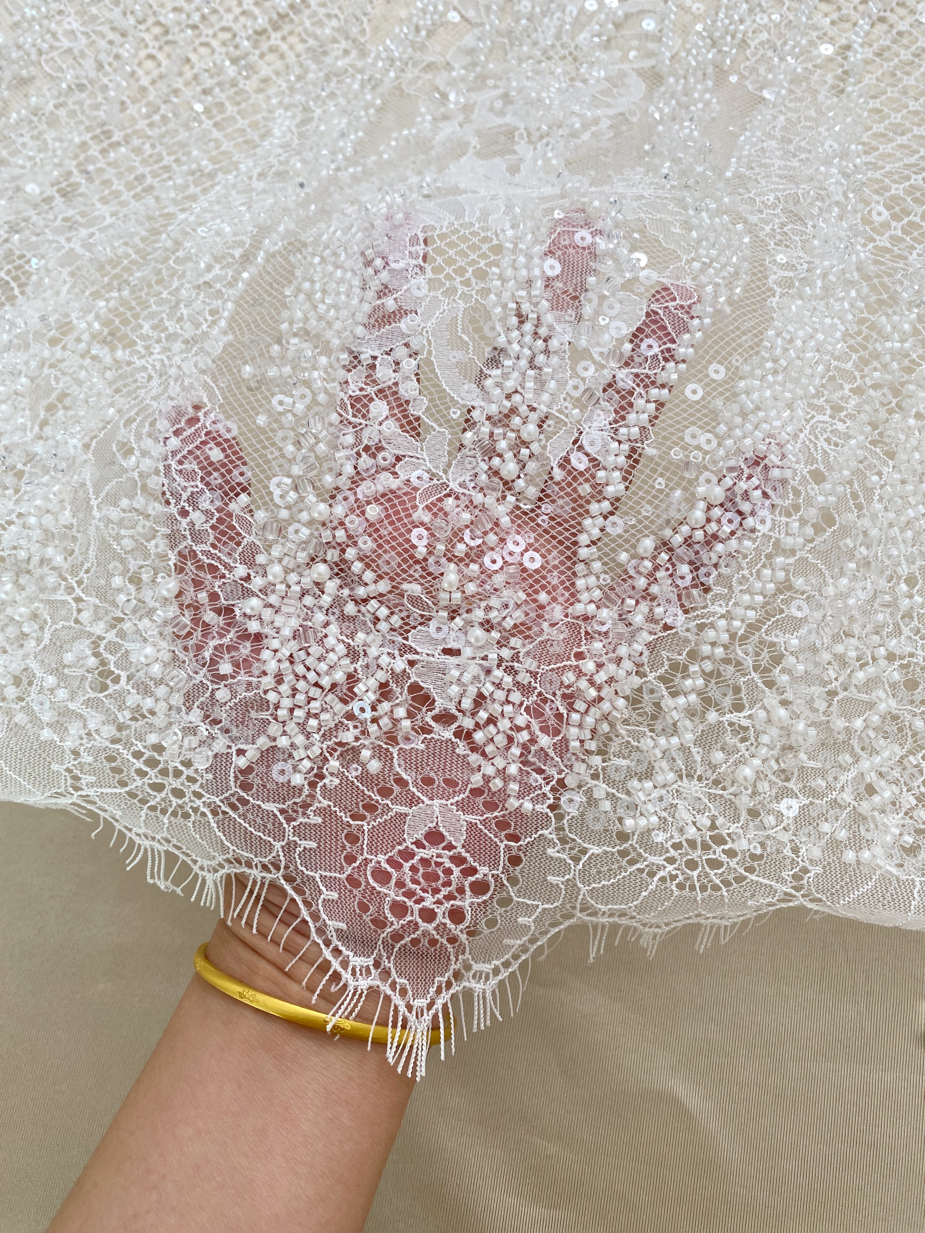 Ivory Beaded Chantilly Lace Fabric for Wedding Dress,Bridal Gown Veil,Sold by 3 Meter
