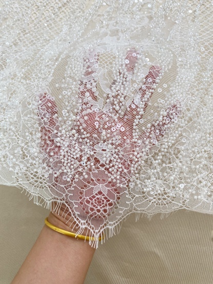 Ivory Beaded Chantilly Lace Fabric for Wedding Dress,Bridal Gown Veil,Sold by 3 Meter