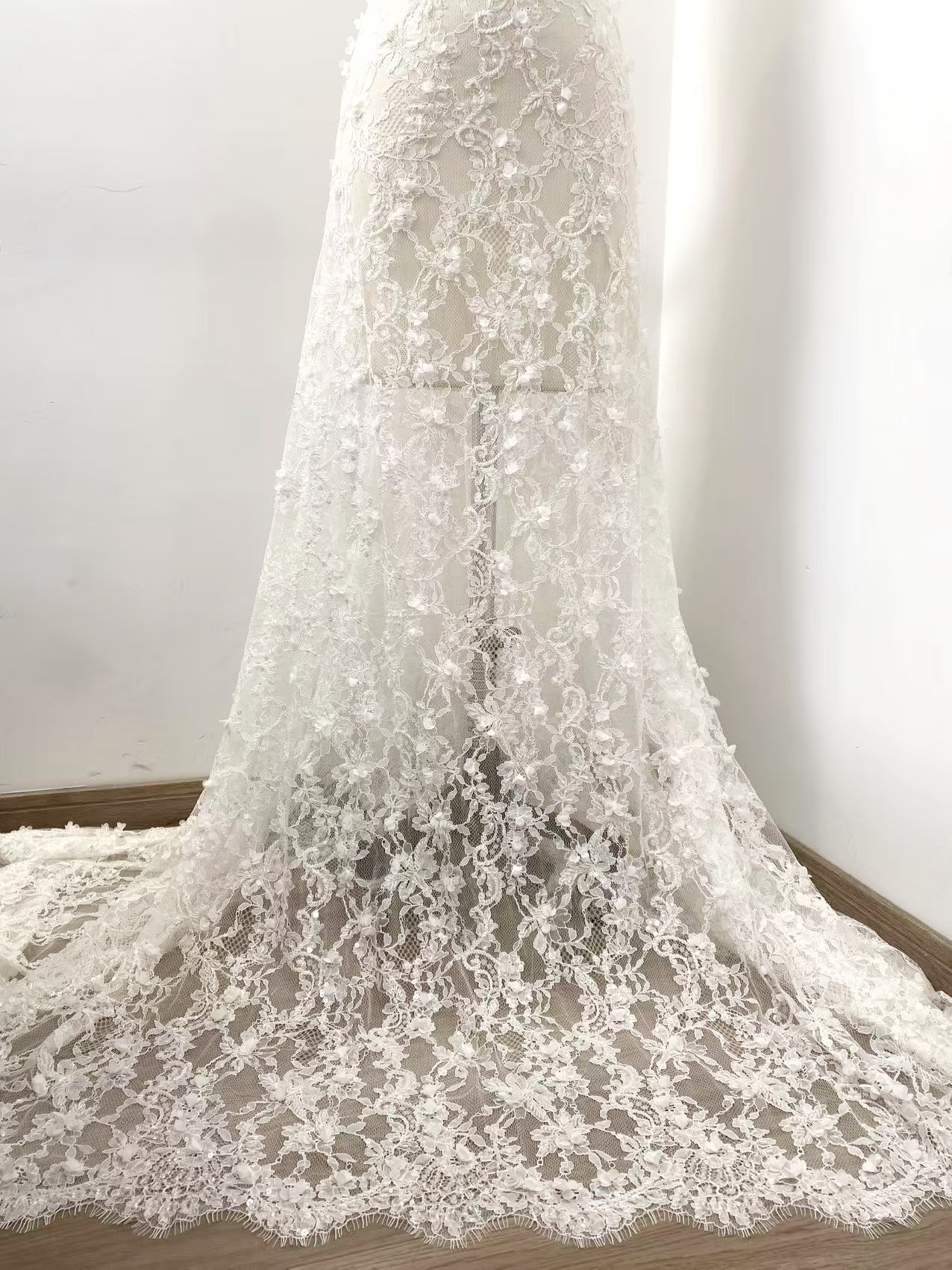 3 Meters White Bead Chantilly Lace Fabric with 3D Flower for Wedding Dress, Bridal Gown Veil, Alencon Lace Floral Trim Eyelash Edging