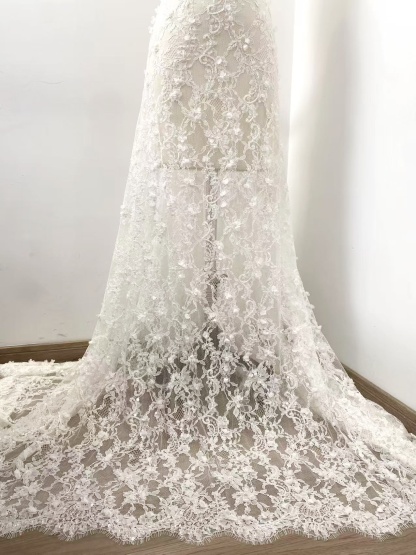 3 Meters White Bead Chantilly Lace Fabric with 3D Flower for Wedding Dress, Bridal Gown Veil, Alencon Lace Floral Trim Eyelash Edging
