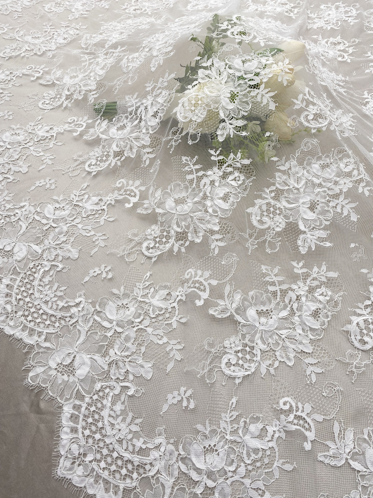 3 Meters French Chantilly Lace Fabric with Corded and Eyelash, Floral Embroidery Lace Scallop Edges for Bridal Wedding Dress, Veil