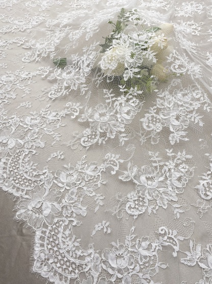3 Meters French Chantilly Lace Fabric with Corded and Eyelash, Floral Embroidery Lace Scallop Edges for Bridal Wedding Dress, Veil