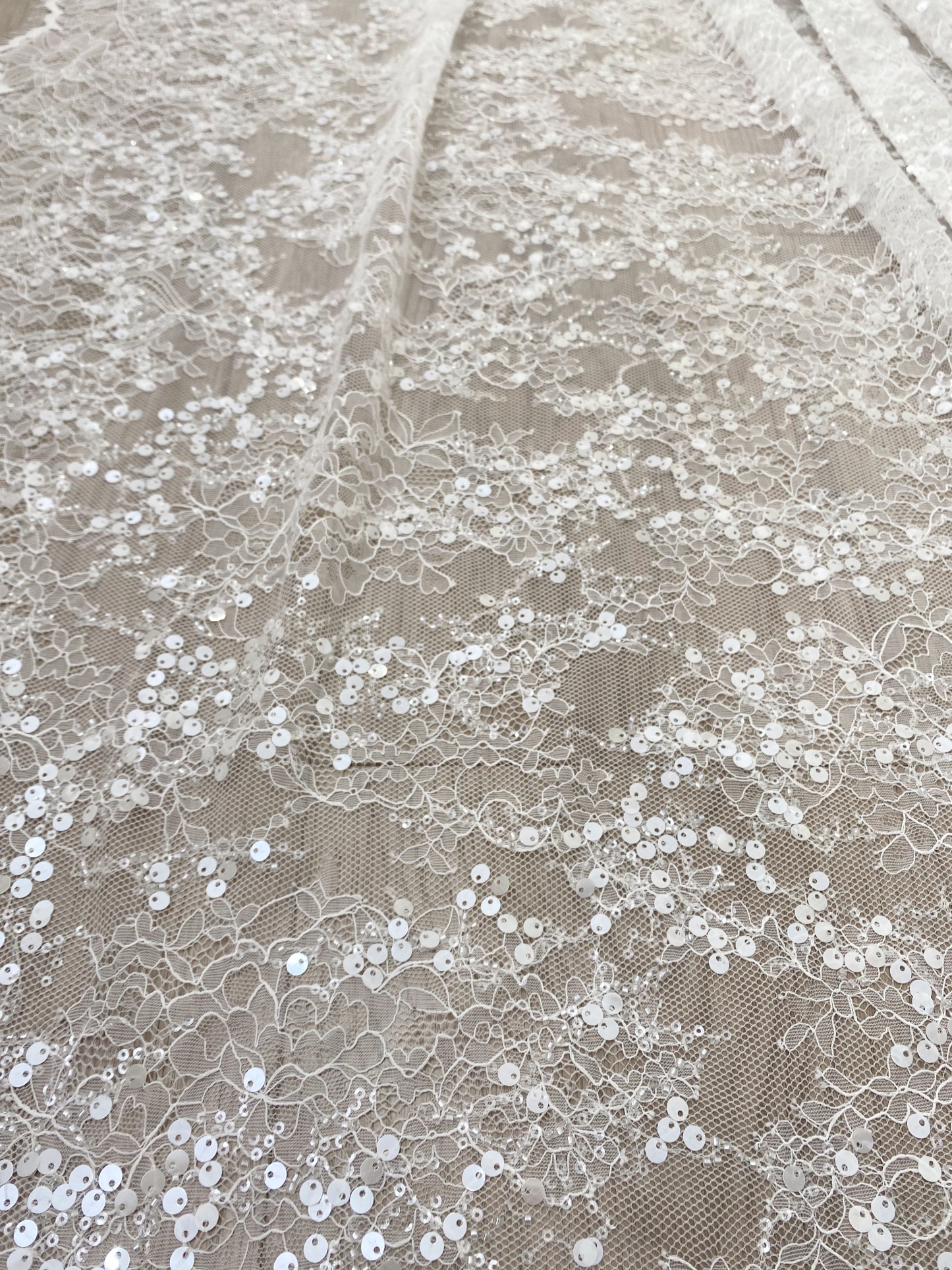 3 Meter French Chantilly Lace Fabric, Beaded Bridal Lace with Sequins, White Eyelash Lace Veil Lace Floral Lace for Wedding Dress