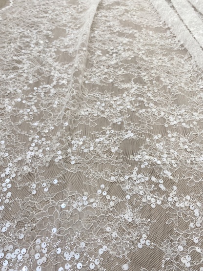 3 Meter French Chantilly Lace Fabric, Beaded Bridal Lace with Sequins, White Eyelash Lace Veil Lace Floral Lace for Wedding Dress