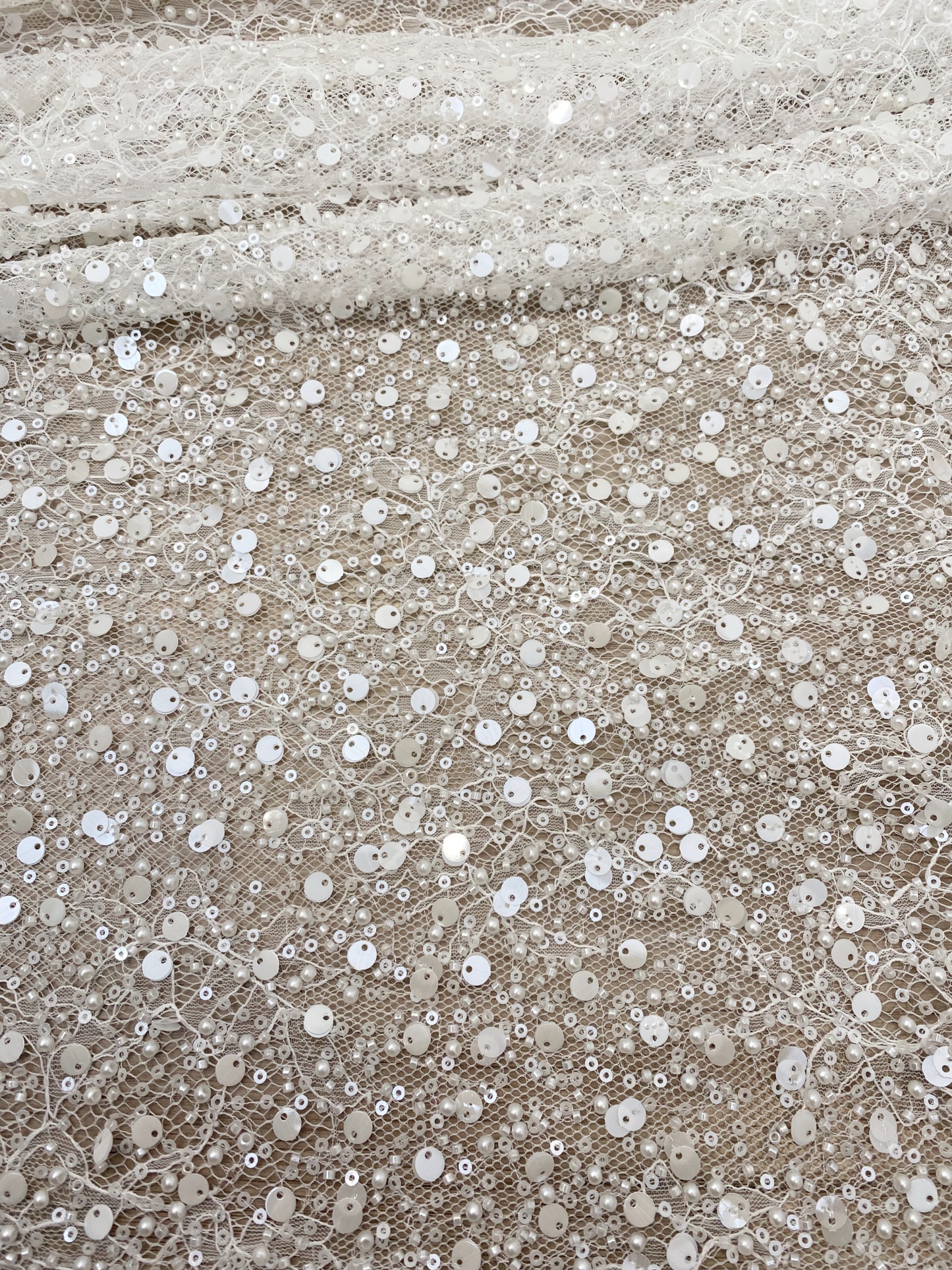 Luxury Beaded Tulle Lace Fabric, White Sequined Bridal Mesh by the Yard for Wedding Dress, Veil, Bridal Gown Embroidery, Floral Lace