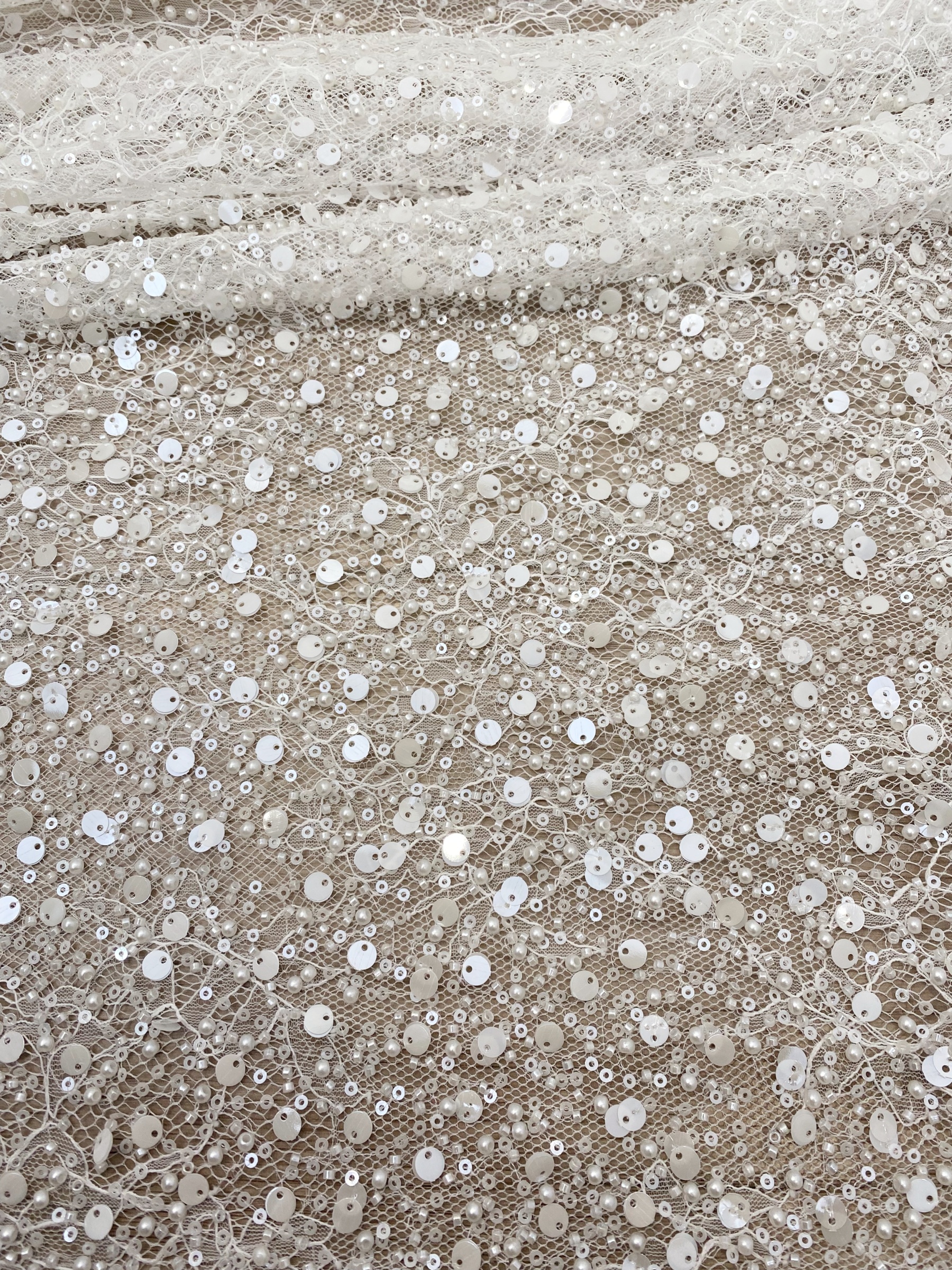 Luxury Beaded Tulle Lace Fabric, White Sequined Bridal Mesh by the Yard for Wedding Dress, Veil, Bridal Gown Embroidery, Floral Lace