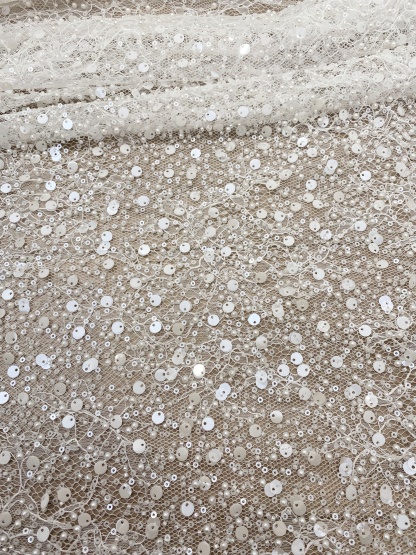Luxury Beaded Tulle Lace Fabric, White Sequined Bridal Mesh by the Yard for Wedding Dress, Veil, Bridal Gown Embroidery, Floral Lace