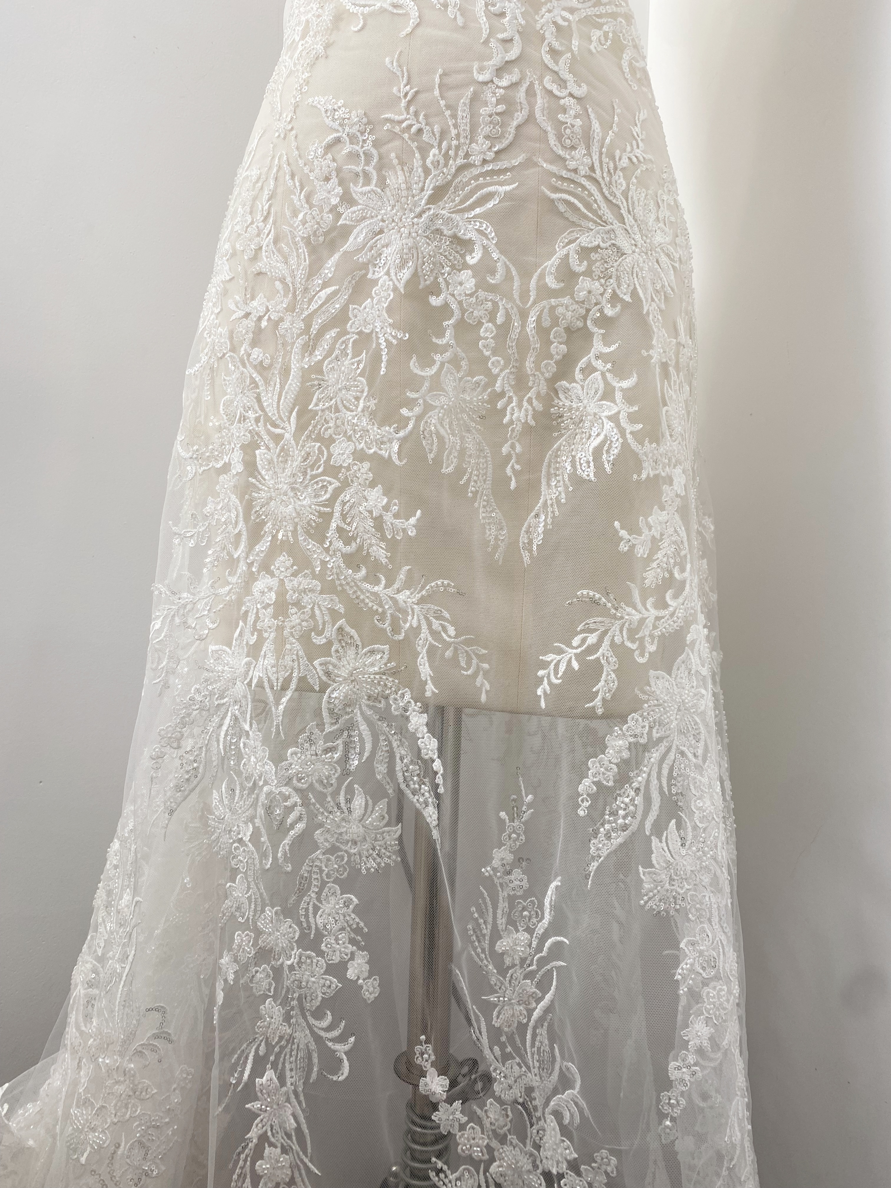 Sequin Floral Embroidery Lace Fabric by yard, Ivory Tulle Bridal Dress Lace for DIY sewing, Designer Dressmaking Supplies