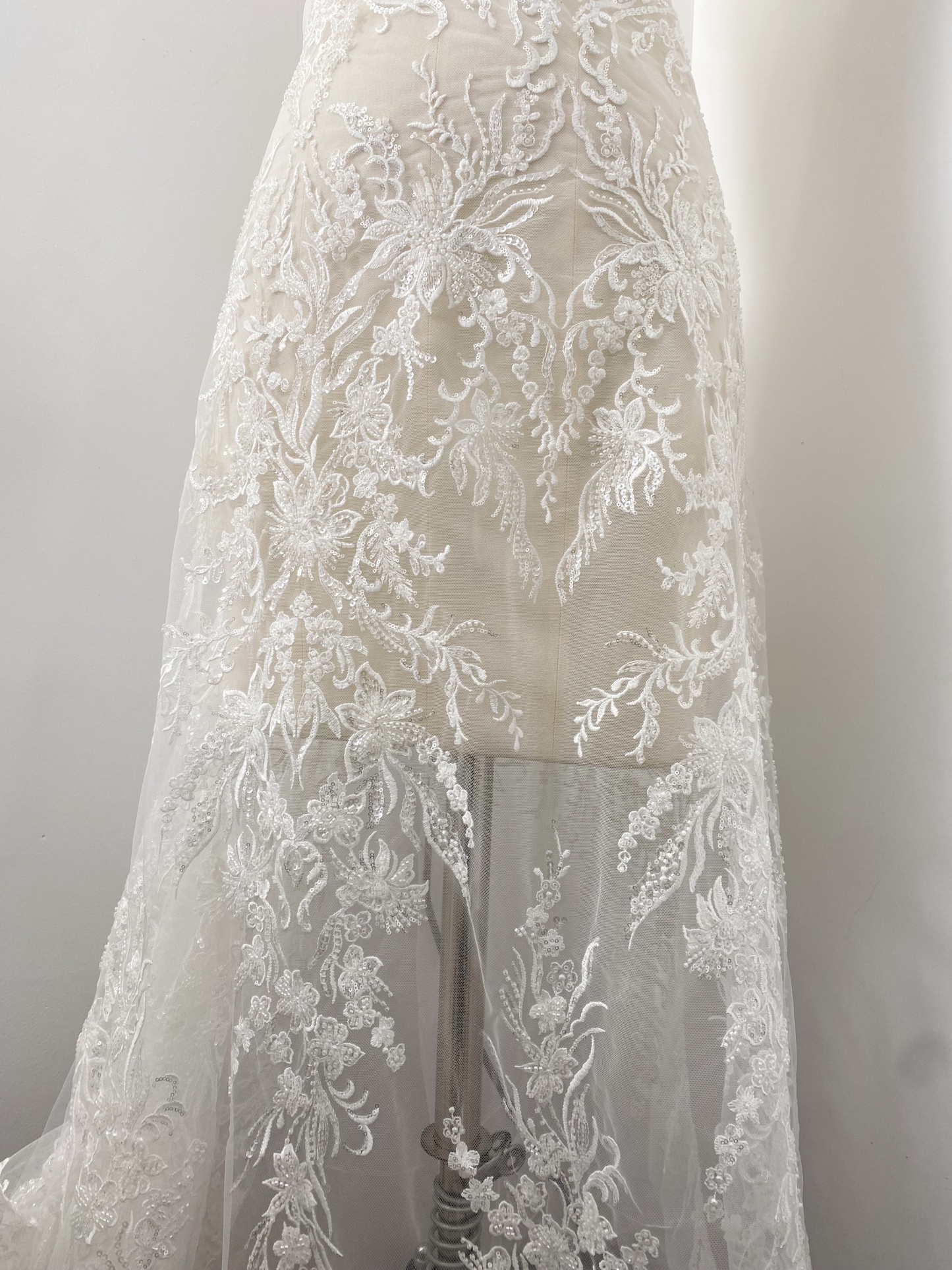 Sequin Floral Embroidery Lace Fabric by yard, Ivory Tulle Bridal Dress Lace for DIY sewing, Designer Dressmaking Supplies