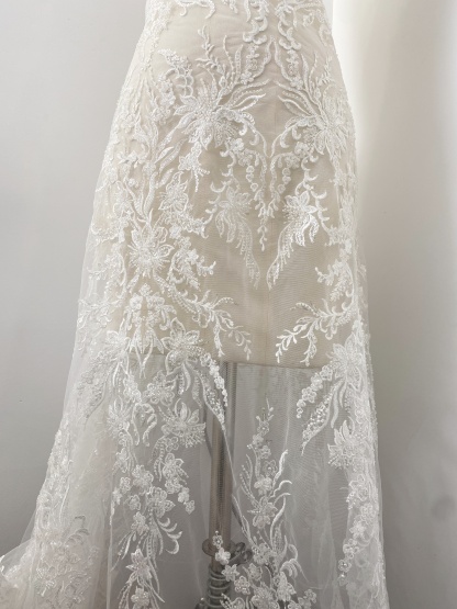 Sequin Floral Embroidery Lace Fabric by yard, Ivory Tulle Bridal Dress Lace for DIY sewing, Designer Dressmaking Supplies