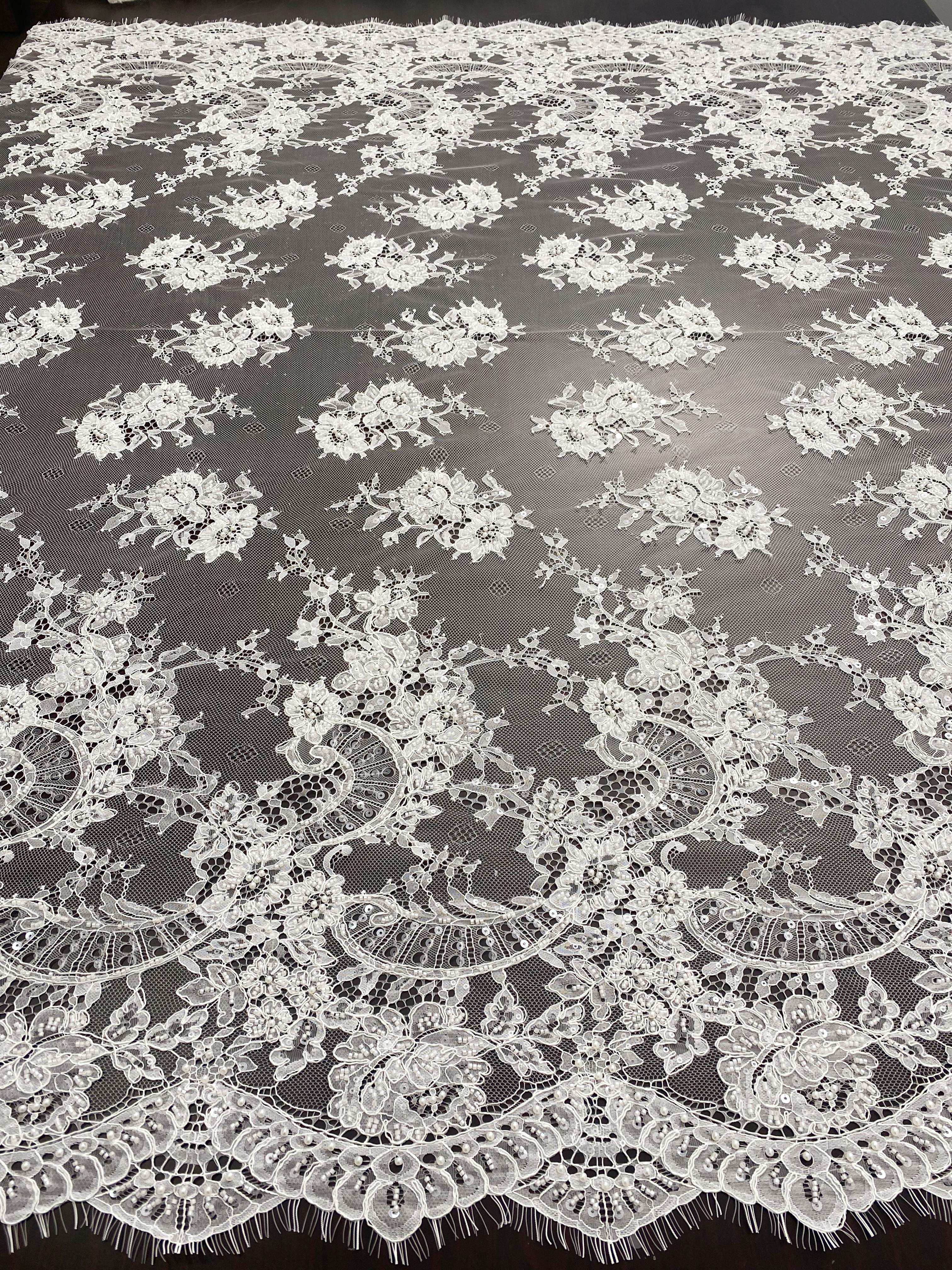 Ivory Beaded Chantilly Lace Fabric for Wedding Dress,Bridal Gown Veil,Sold by 3 Meter