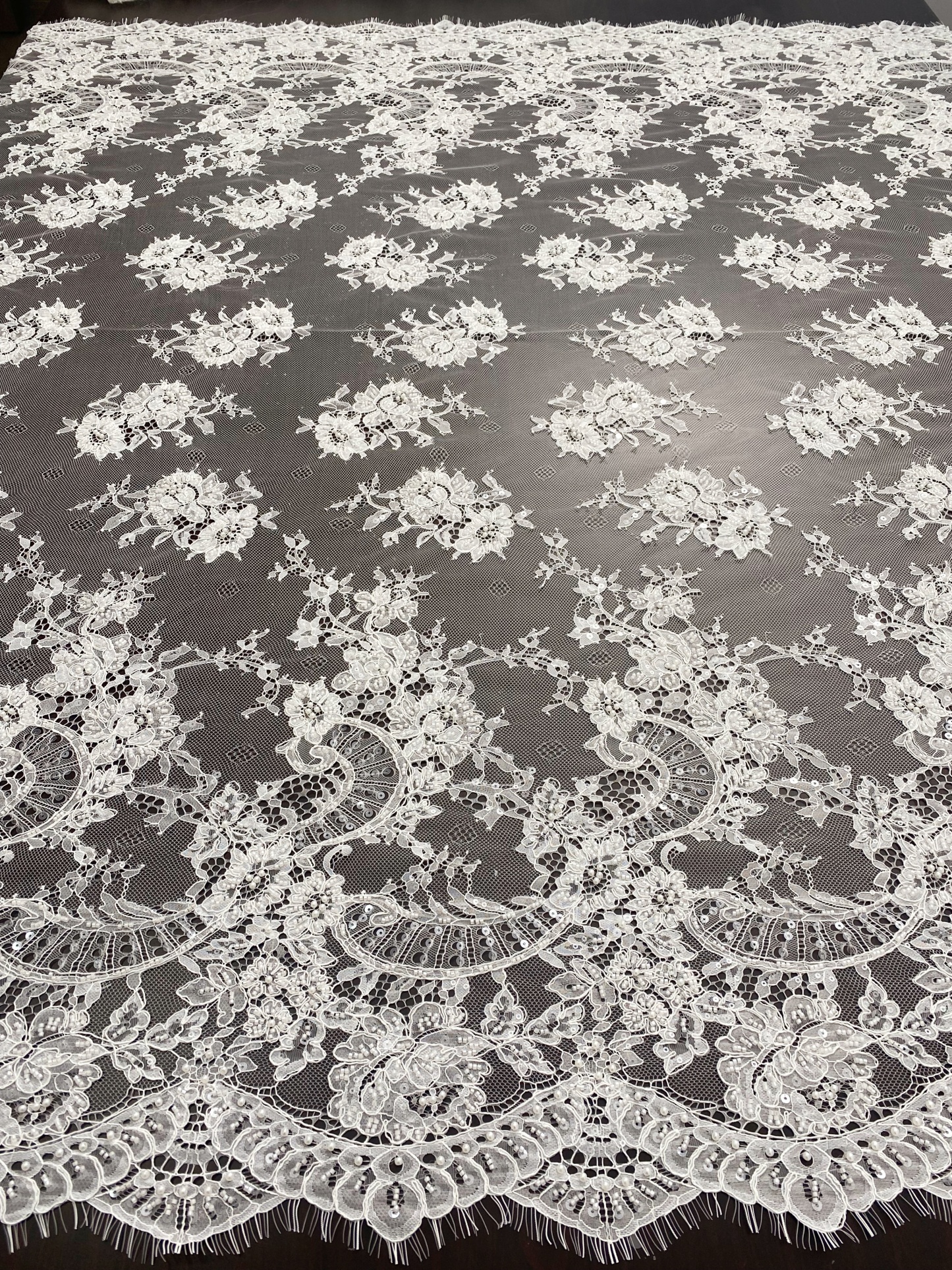 Ivory Beaded Chantilly Lace Fabric for Wedding Dress,Bridal Gown Veil,Sold by 3 Meter