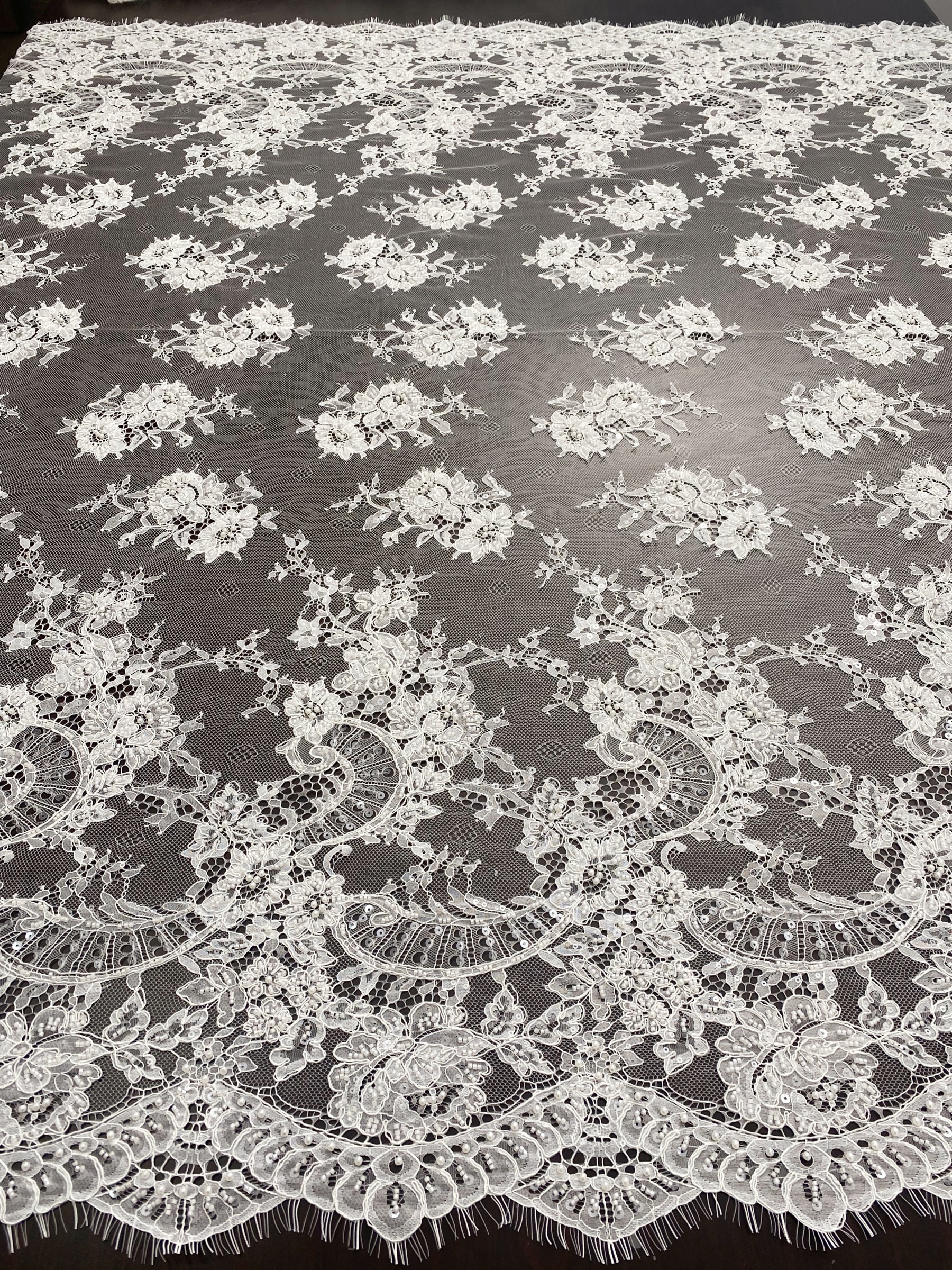 Ivory Beaded Chantilly Lace Fabric for Wedding Dress,Bridal Gown Veil,Sold by 3 Meter