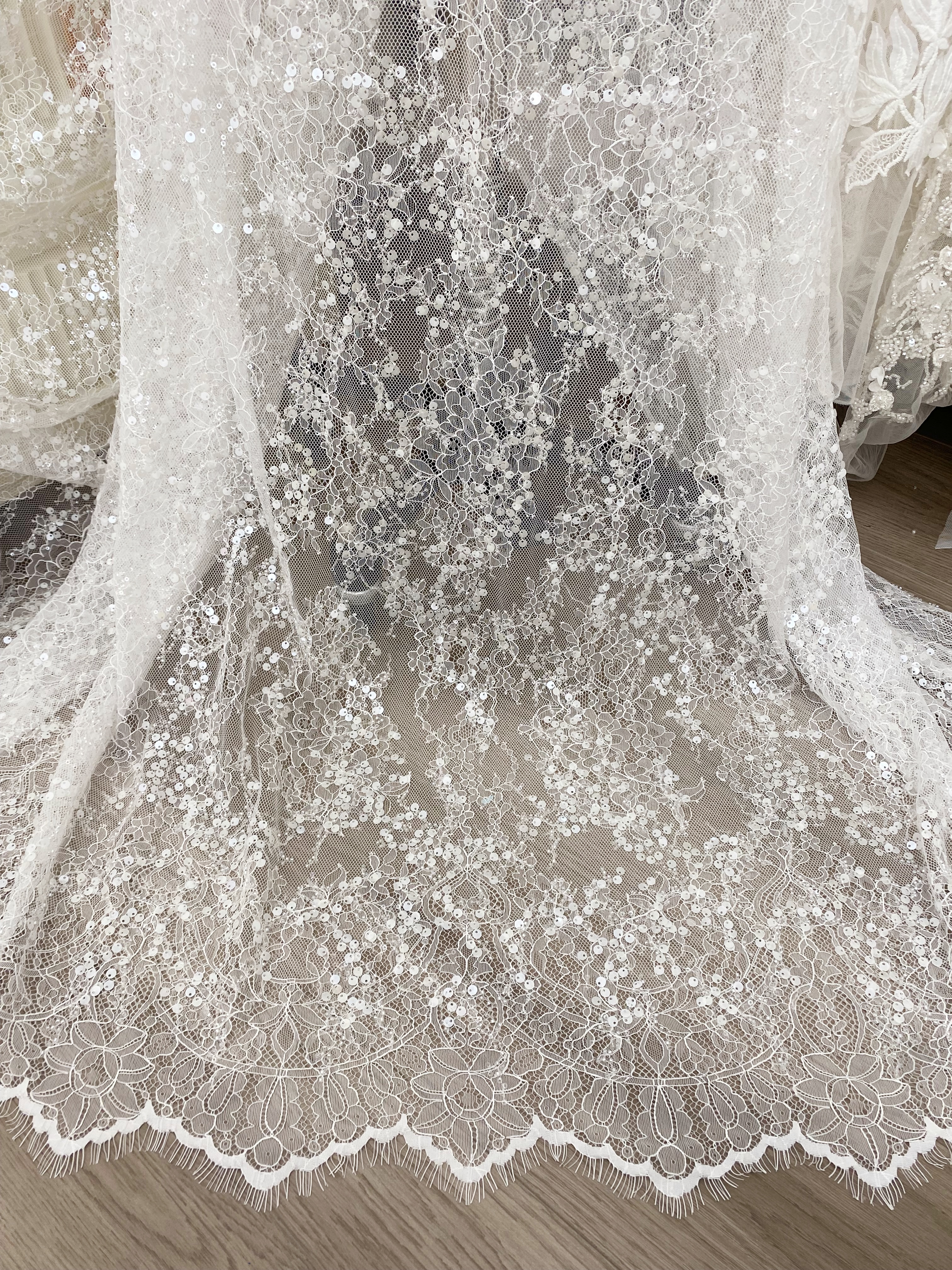 3 Meter French Chantilly Lace Fabric, Beaded Bridal Lace with Sequins, White Eyelash Lace Veil Lace Floral Lace for Wedding Dress