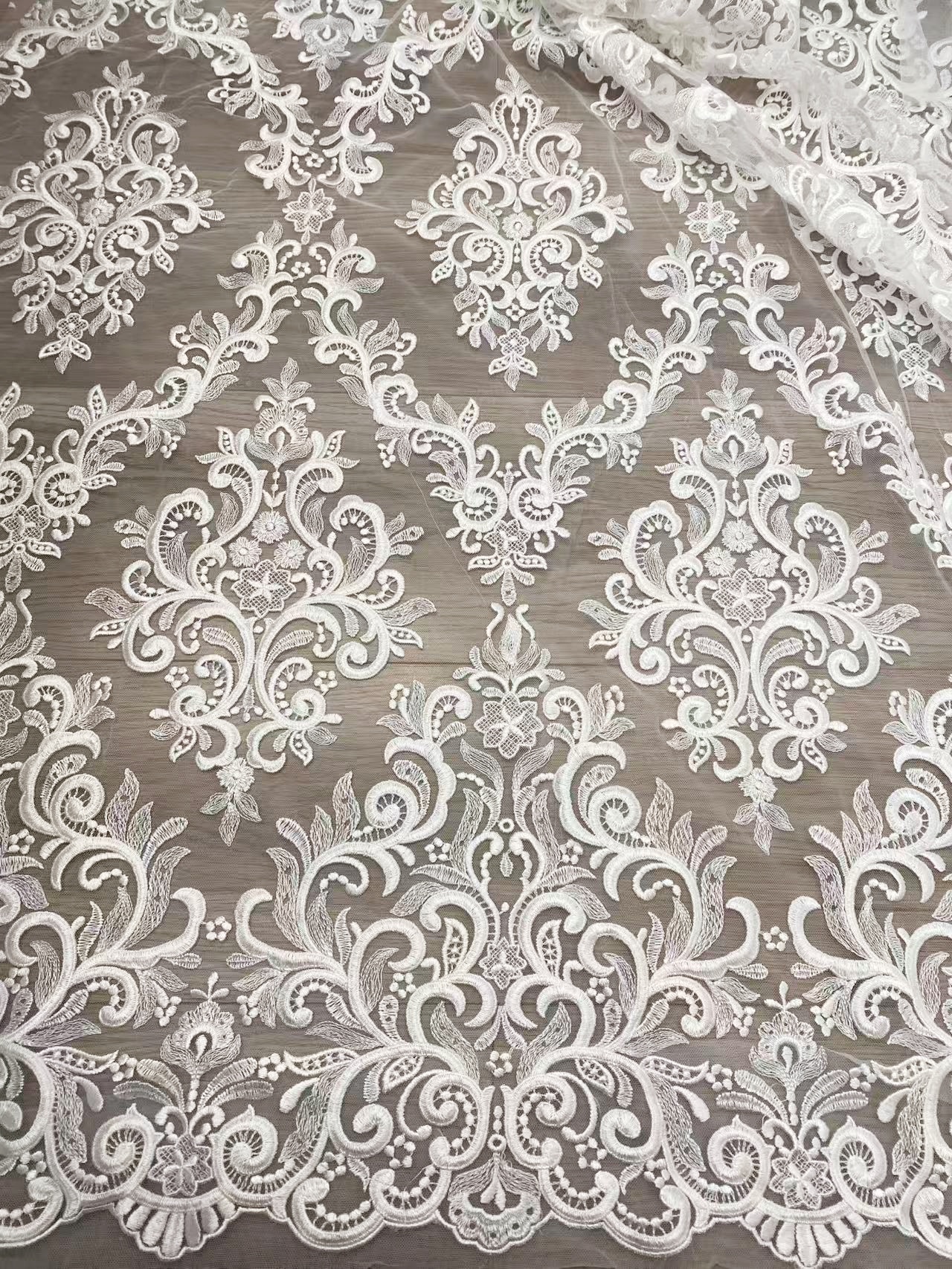 Vintage embroidered tulle lace fabric, White Wedding Lace for Bridal dress, elegant gown ,veil or handmade sewing projects