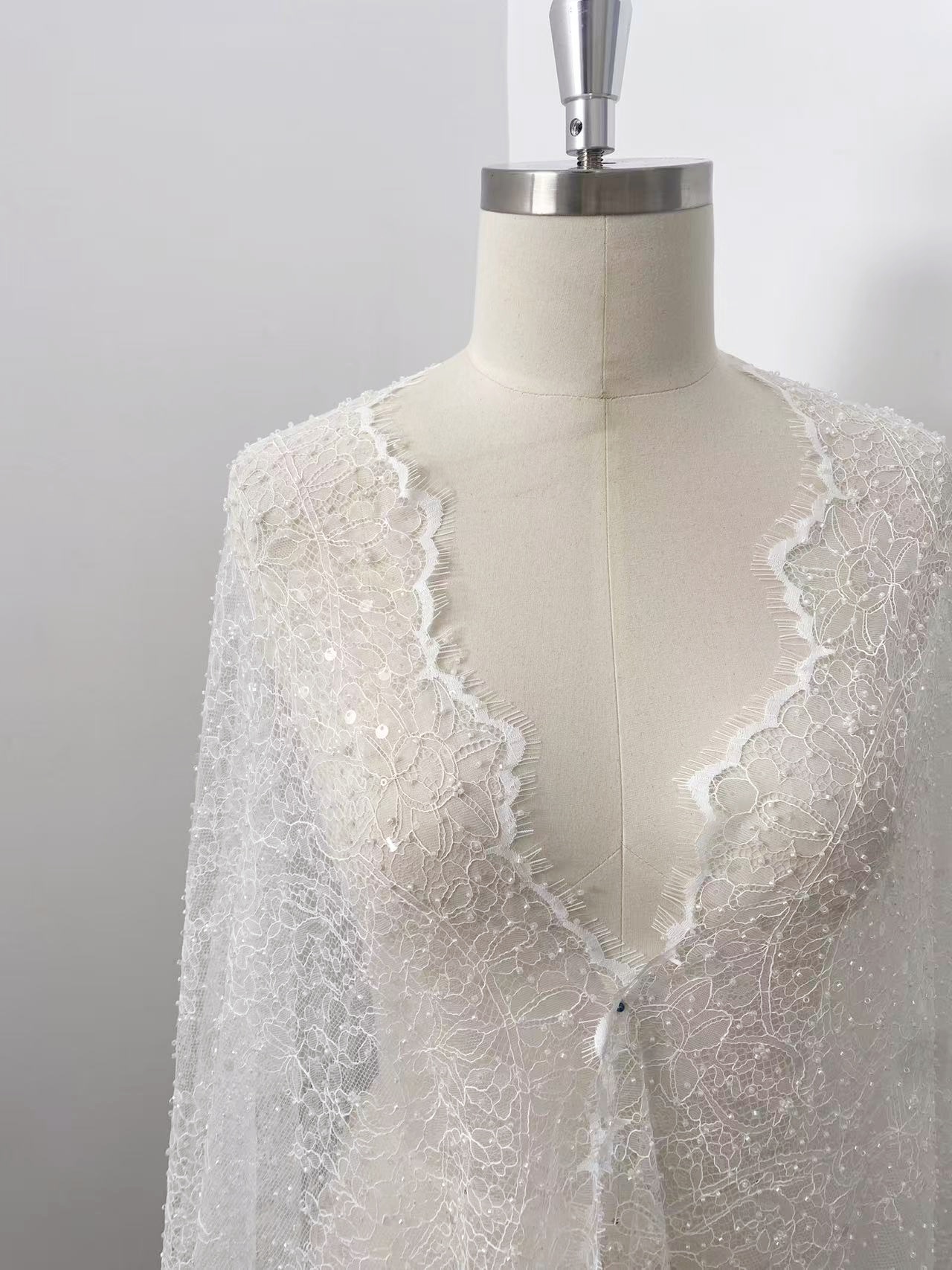 White Beaded Chantilly French Lace Fabric, Floral Embroidered Lace with Eyelash for Wedding Dress Veils, Sequin Bridal Lace,Sold by 3 Meters