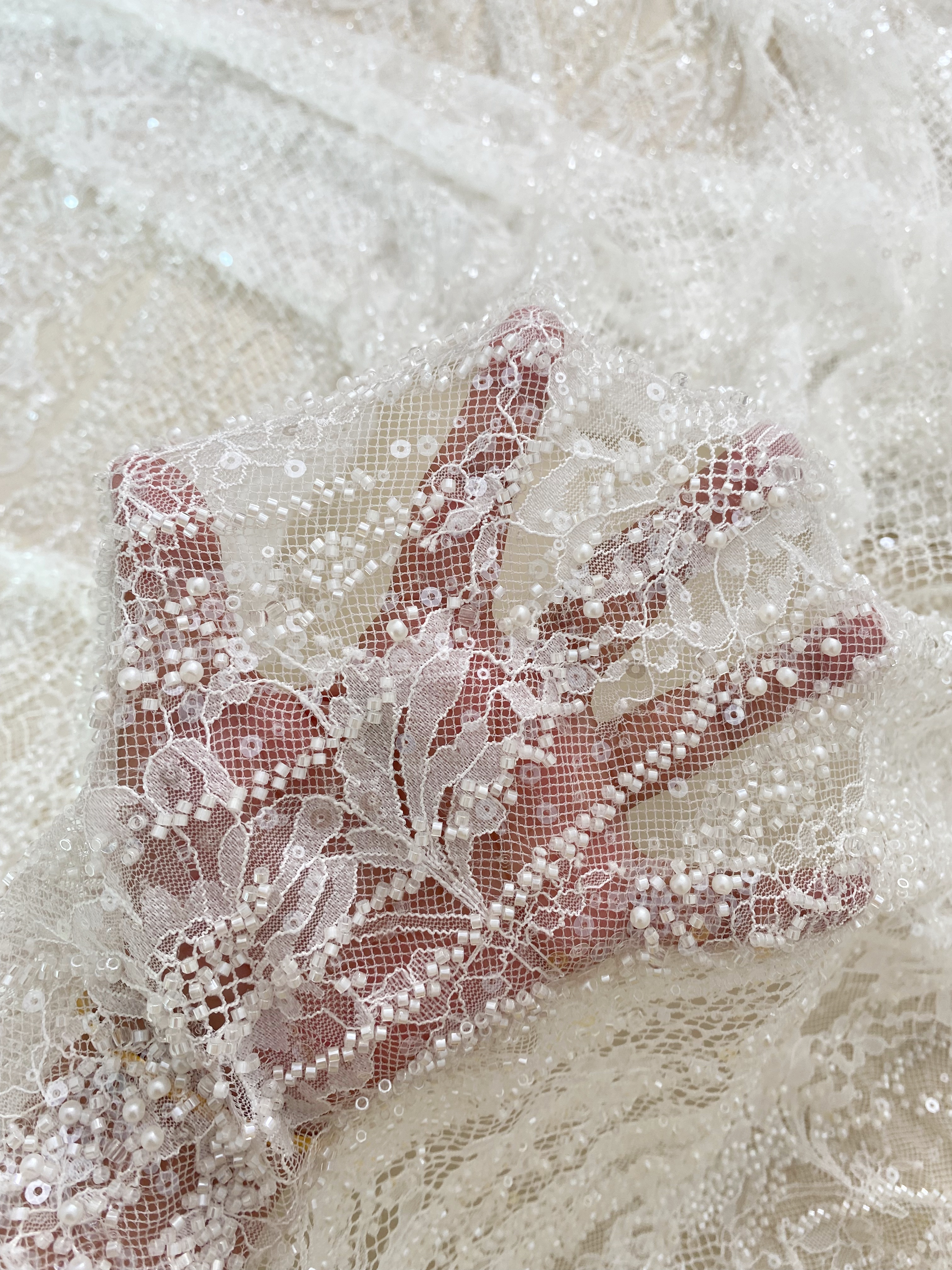 Ivory Beaded Chantilly Lace Fabric for Wedding Dress,Bridal Gown Veil,Sold by 3 Meter