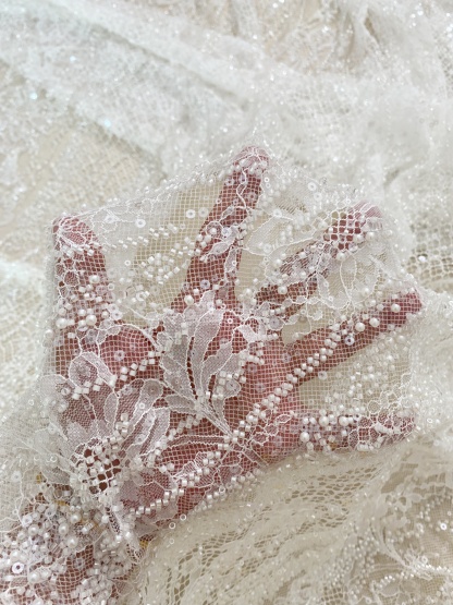 Ivory Beaded Chantilly Lace Fabric for Wedding Dress,Bridal Gown Veil,Sold by 3 Meter