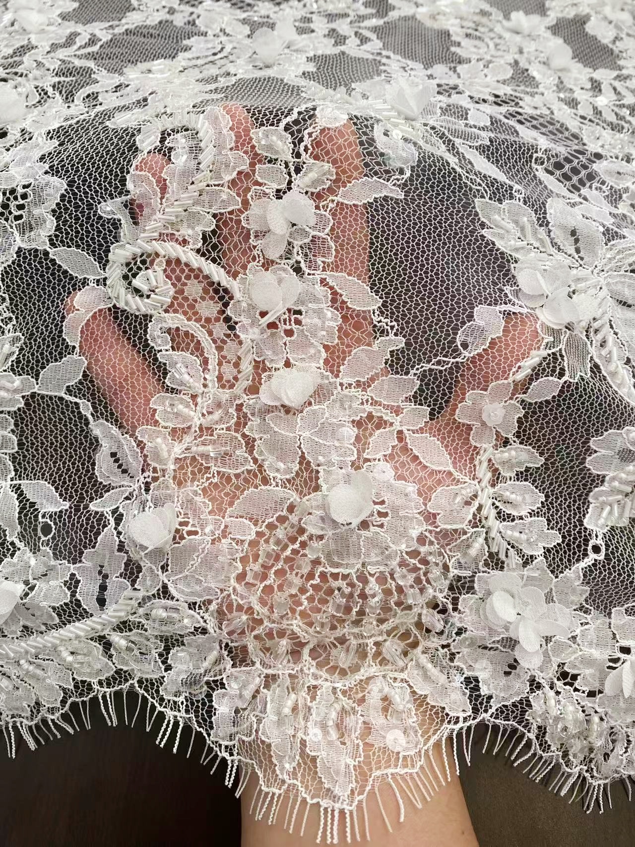 3 Meters White Bead Chantilly Lace Fabric with 3D Flower for Wedding Dress, Bridal Gown Veil, Alencon Lace Floral Trim Eyelash Edging