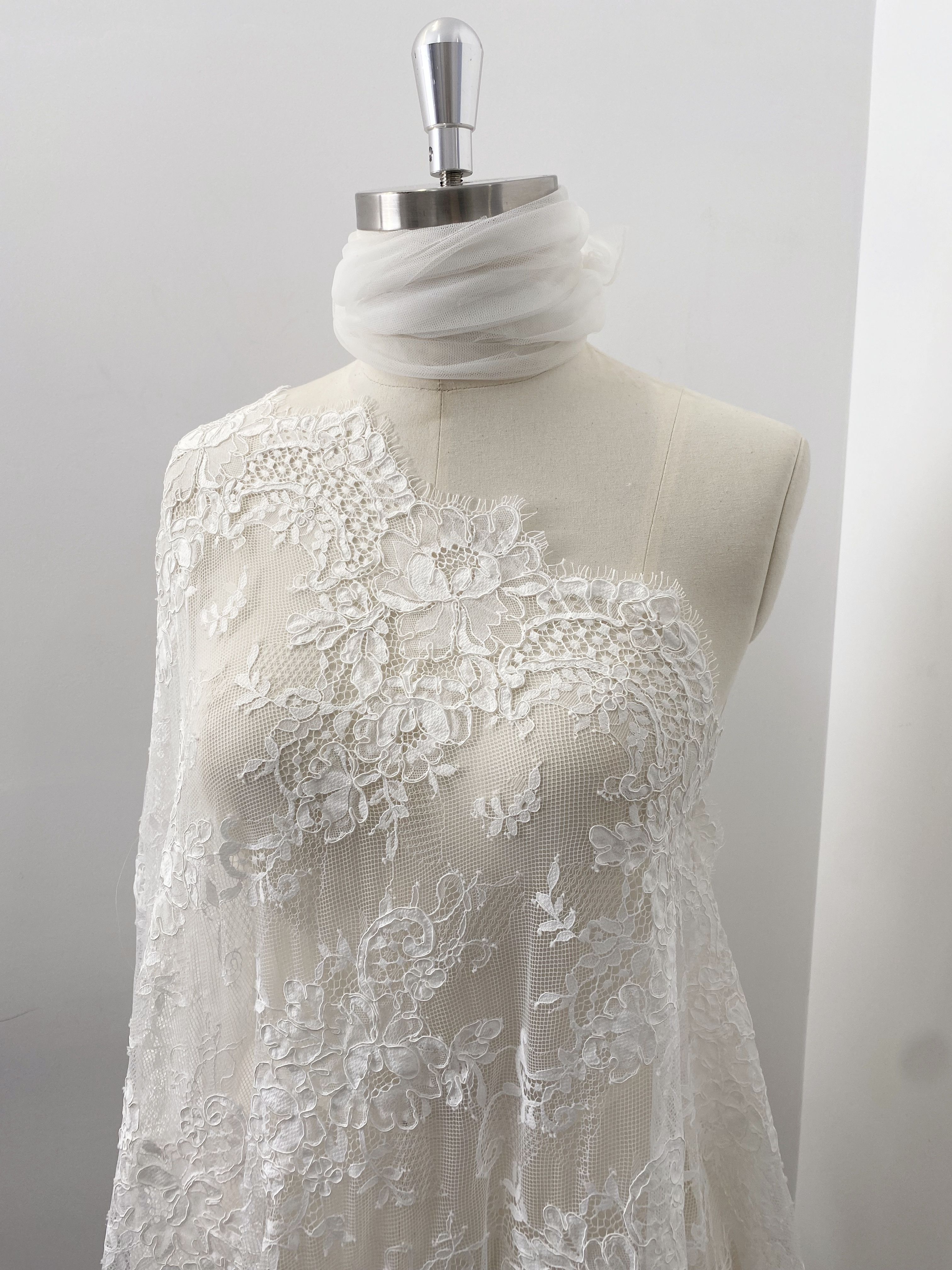 3 Meters French Chantilly Lace Fabric with Corded and Eyelash, Floral Embroidery Lace Scallop Edges for Bridal Wedding Dress, Veil
