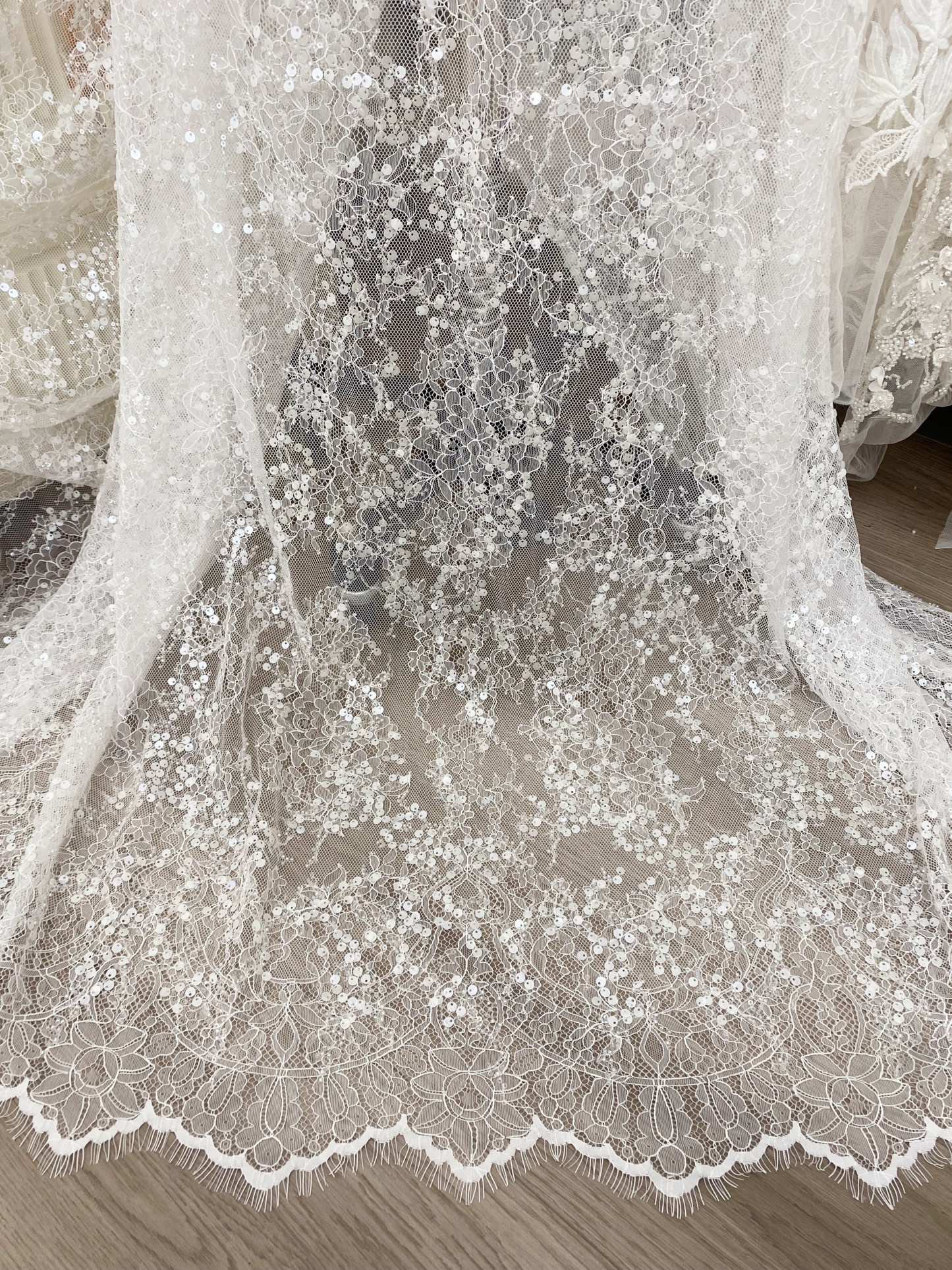 3 Meter French Chantilly Lace Fabric, Beaded Bridal Lace with Sequins, White Eyelash Lace Veil Lace Floral Lace for Wedding Dress