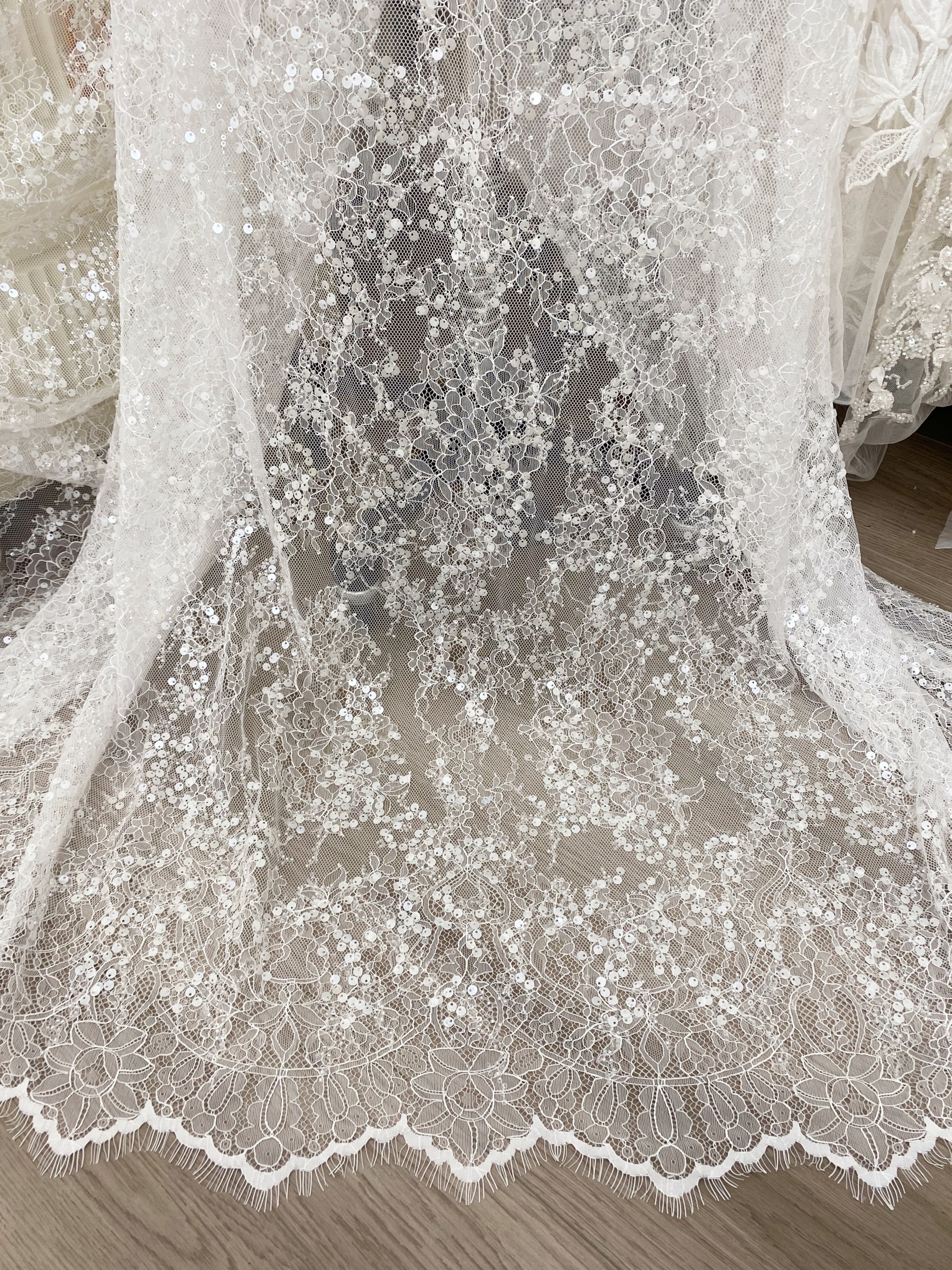3 Meter French Chantilly Lace Fabric, Beaded Bridal Lace with Sequins, White Eyelash Lace Veil Lace Floral Lace for Wedding Dress