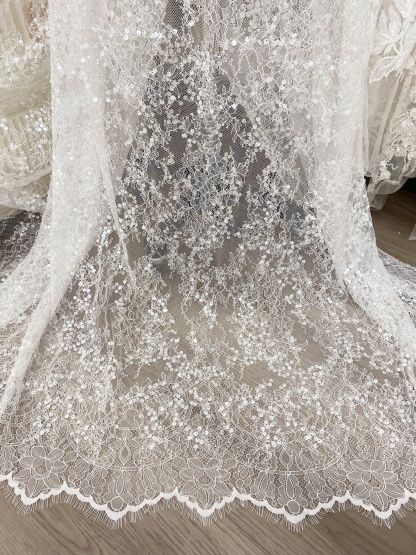 3 Meter French Chantilly Lace Fabric, Beaded Bridal Lace with Sequins, White Eyelash Lace Veil Lace Floral Lace for Wedding Dress