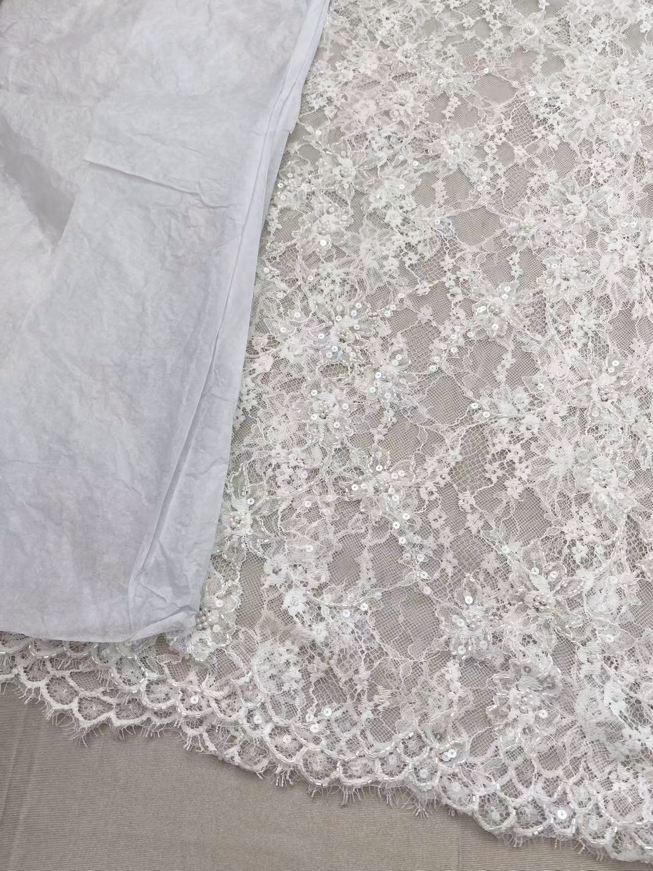 Luxurious Beaded French Chantilly Lace Fabric, Sequin Floral Embroidery Lace for wedding shrugs,bridal gown,Sold by 3 Yard