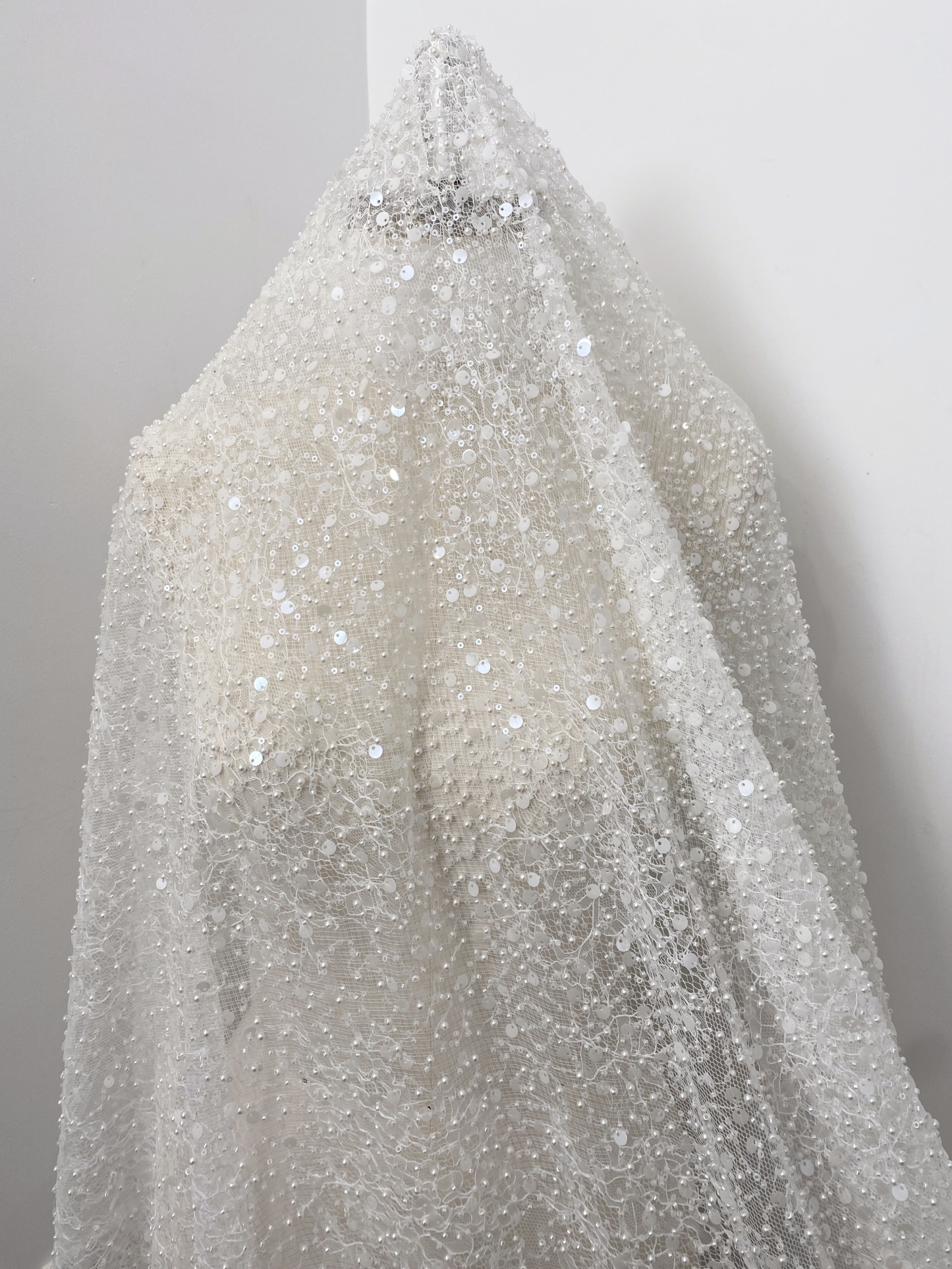 Luxury Beaded Tulle Lace Fabric, White Sequined Bridal Mesh by the Yard for Wedding Dress, Veil, Bridal Gown Embroidery, Floral Lace