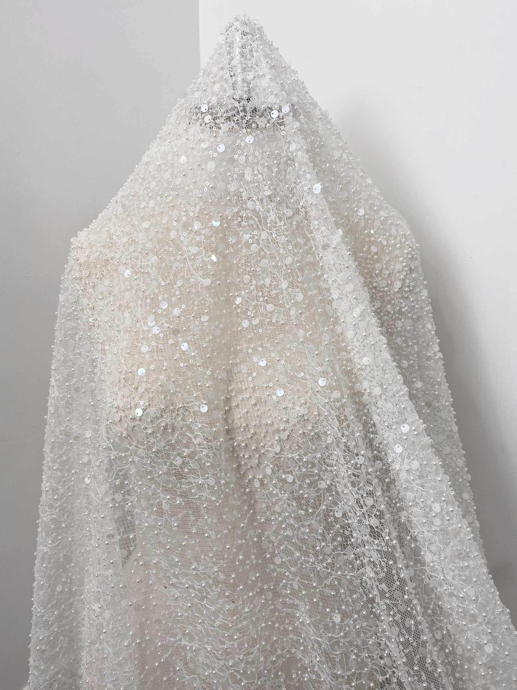 Luxury Beaded Tulle Lace Fabric, White Sequined Bridal Mesh by the Yard for Wedding Dress, Veil, Bridal Gown Embroidery, Floral Lace