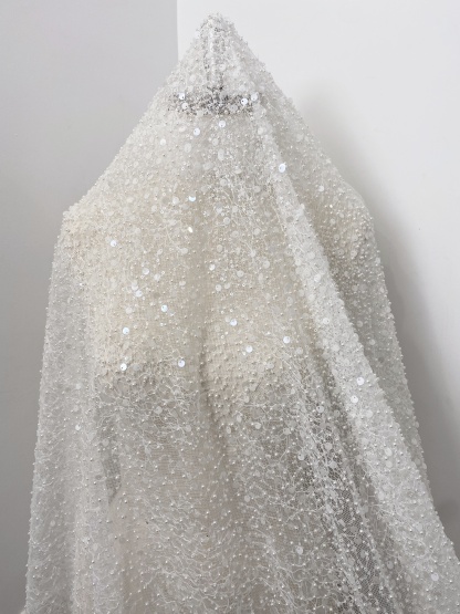 Luxury Beaded Tulle Lace Fabric, White Sequined Bridal Mesh by the Yard for Wedding Dress, Veil, Bridal Gown Embroidery, Floral Lace