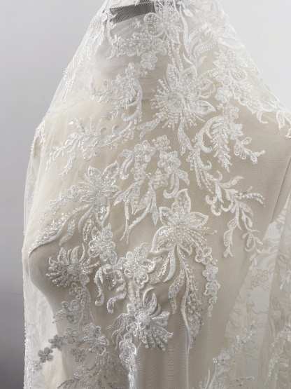 Sequin Floral Embroidery Lace Fabric by yard, Ivory Tulle Bridal Dress Lace for DIY sewing, Designer Dressmaking Supplies