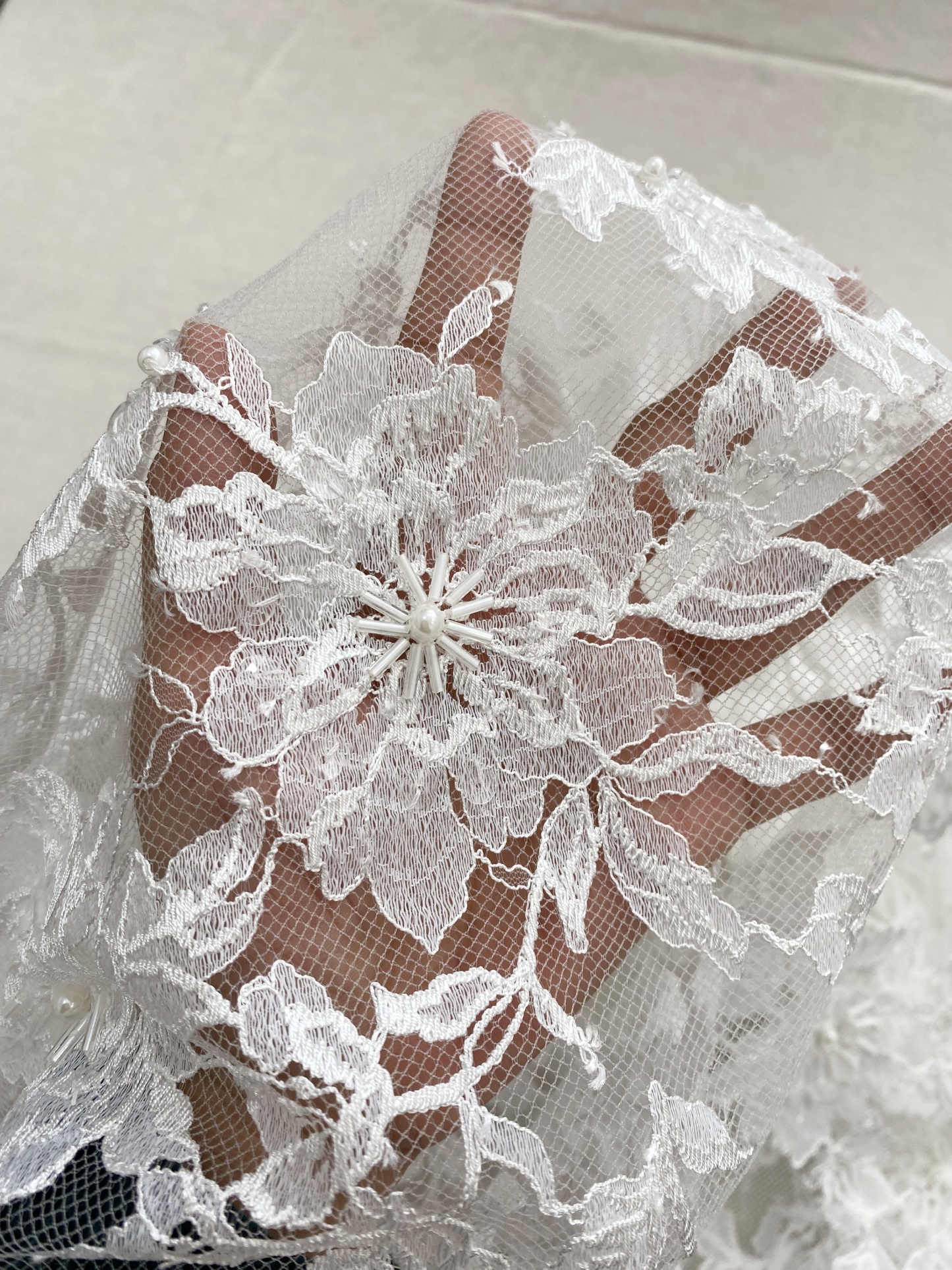 Ivory Floral Pearl lace Fabric for Bridal Wedding Dress, Gown,Romantic 3D Embroidery Tulle flower applique fabric by the yard