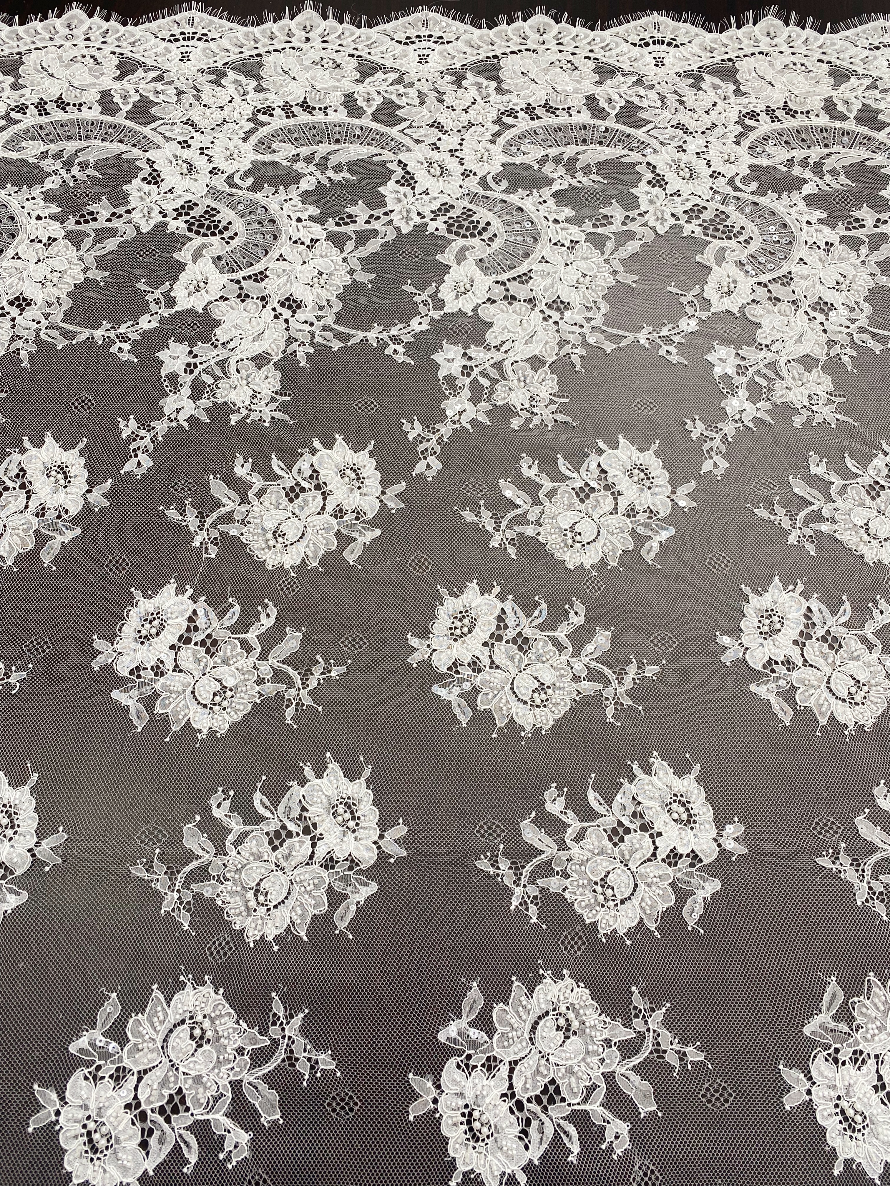 Ivory Beaded Chantilly Lace Fabric for Wedding Dress,Bridal Gown Veil,Sold by 3 Meter