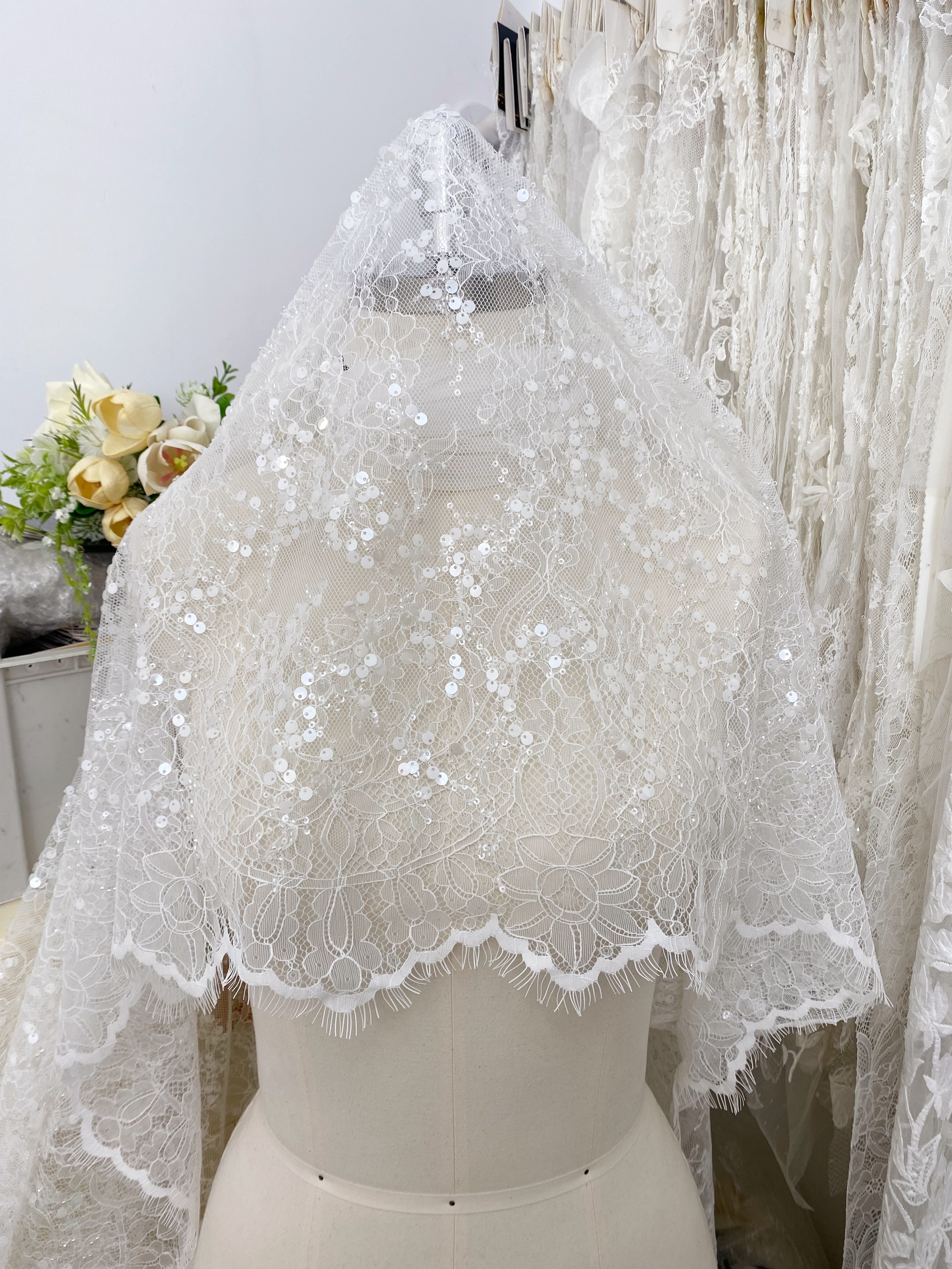 3 Meter French Chantilly Lace Fabric, Beaded Bridal Lace with Sequins, White Eyelash Lace Veil Lace Floral Lace for Wedding Dress