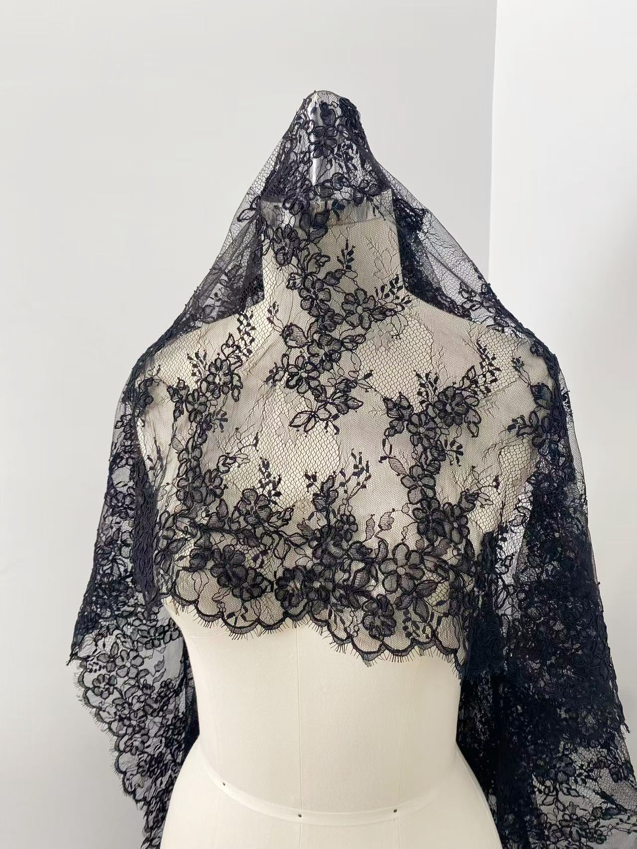 Black Chantilly lace fabric with cord, French bridal wedding lace, eyelash veil lace, scalloped floral lace, sold by 3 maters