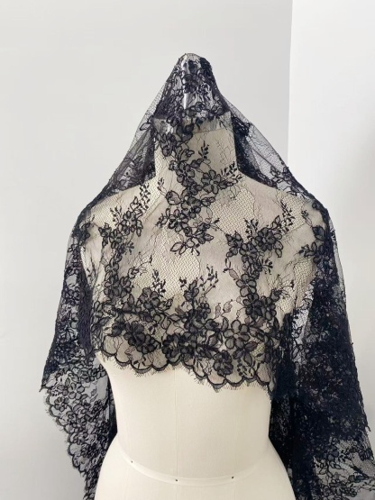 Black Chantilly lace fabric with cord, French bridal wedding lace, eyelash veil lace, scalloped floral lace, sold by 3 maters