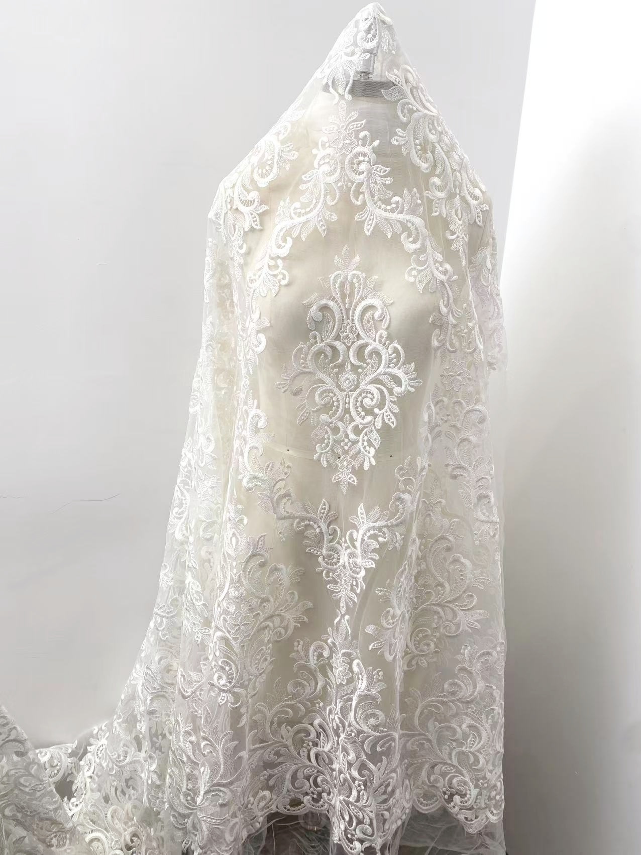 Vintage embroidered tulle lace fabric, White Wedding Lace for Bridal dress, elegant gown ,veil or handmade sewing projects