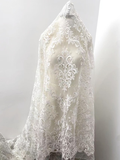 Vintage embroidered tulle lace fabric, White Wedding Lace for Bridal dress, elegant gown ,veil or handmade sewing projects