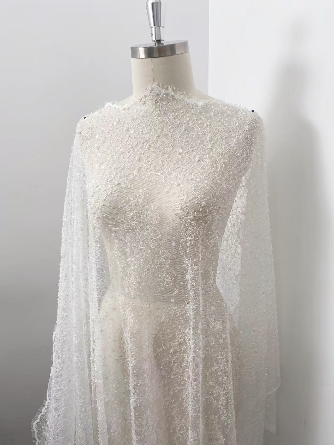 White Beaded Chantilly French Lace Fabric, Floral Embroidered Lace with Eyelash for Wedding Dress Veils, Sequin Bridal Lace,Sold by 3 Meters