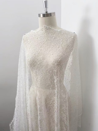 White Beaded Chantilly French Lace Fabric, Floral Embroidered Lace with Eyelash for Wedding Dress Veils, Sequin Bridal Lace,Sold by 3 Meters