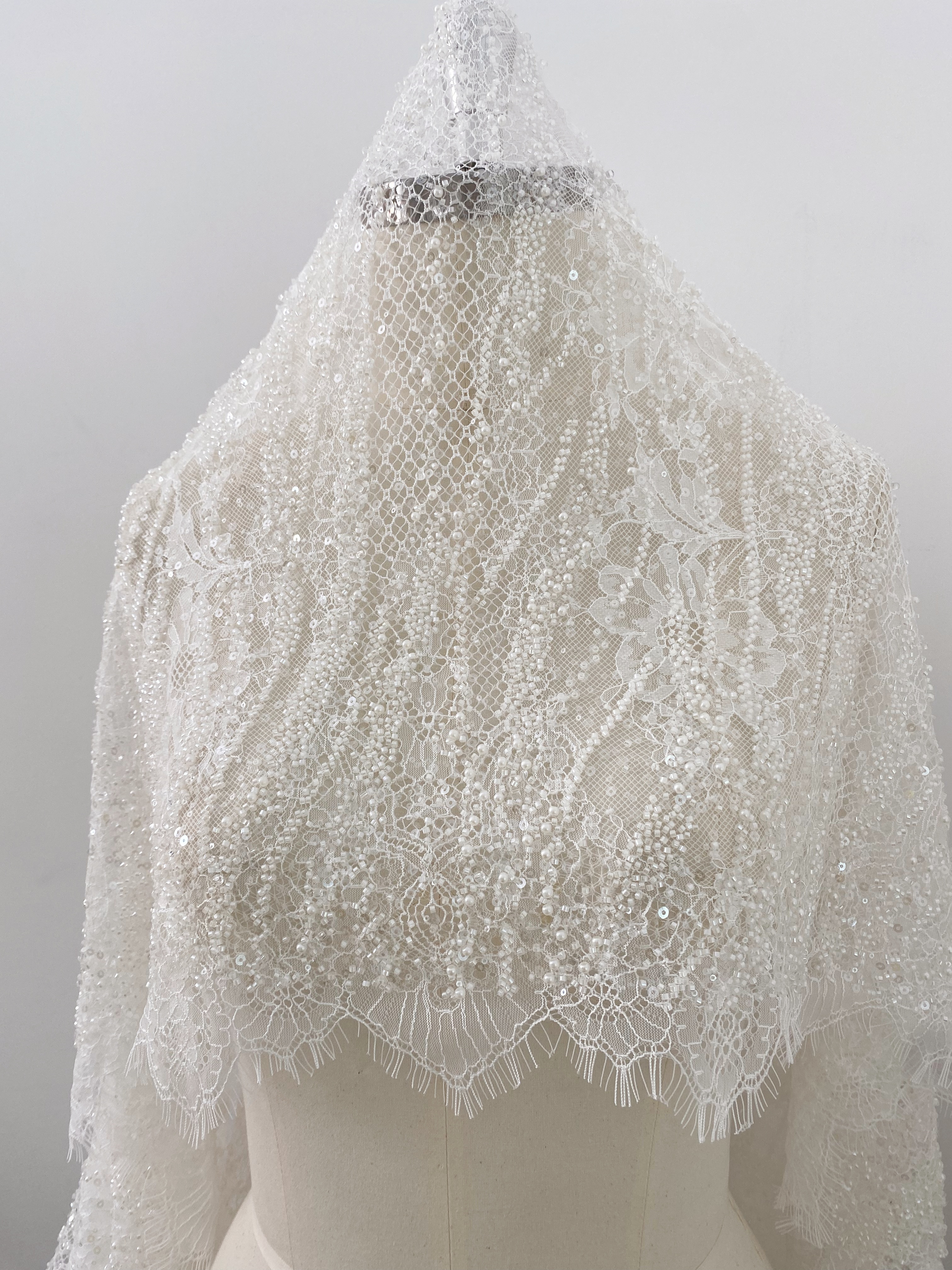 Ivory Beaded Chantilly Lace Fabric for Wedding Dress,Bridal Gown Veil,Sold by 3 Meter