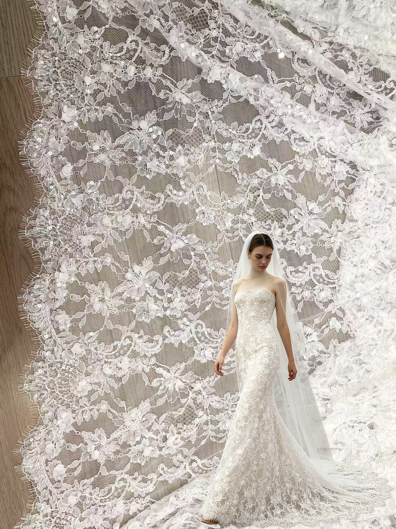 3 Meters White Bead Chantilly Lace Fabric with 3D Flower for Wedding Dress, Bridal Gown Veil, Alencon Lace Floral Trim Eyelash Edging