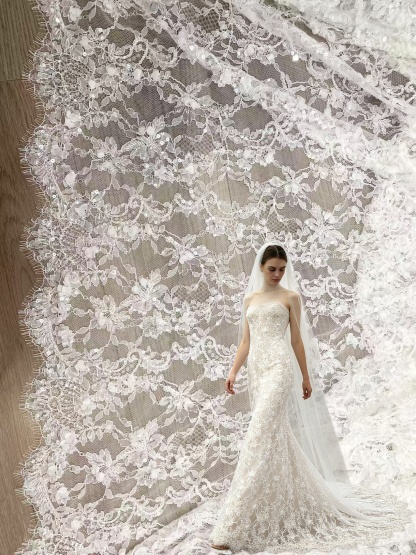 3 Meters White Bead Chantilly Lace Fabric with 3D Flower for Wedding Dress, Bridal Gown Veil, Alencon Lace Floral Trim Eyelash Edging