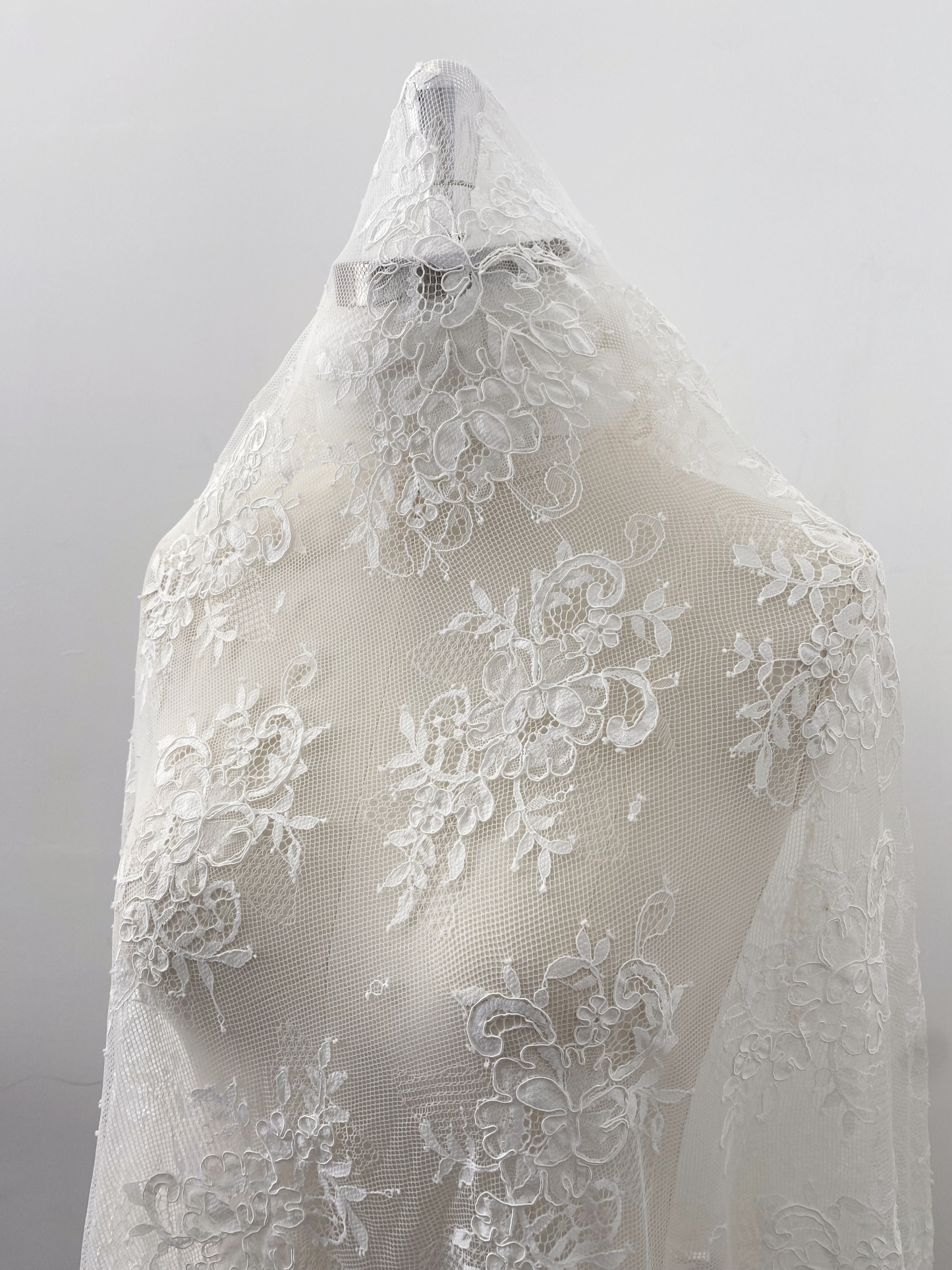 3 Meters French Chantilly Lace Fabric with Corded and Eyelash, Floral Embroidery Lace Scallop Edges for Bridal Wedding Dress, Veil