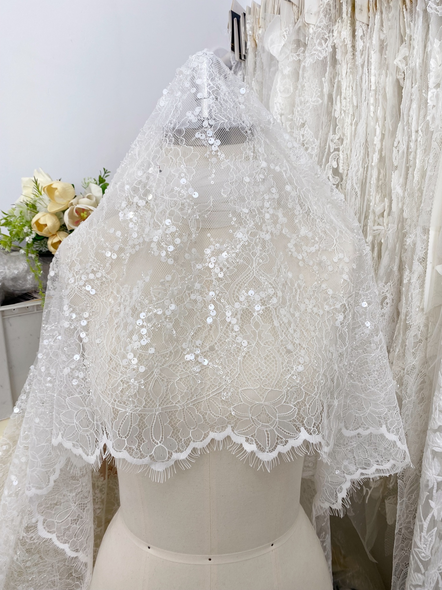 3 Meter French Chantilly Lace Fabric, Beaded Bridal Lace with Sequins, White Eyelash Lace Veil Lace Floral Lace for Wedding Dress