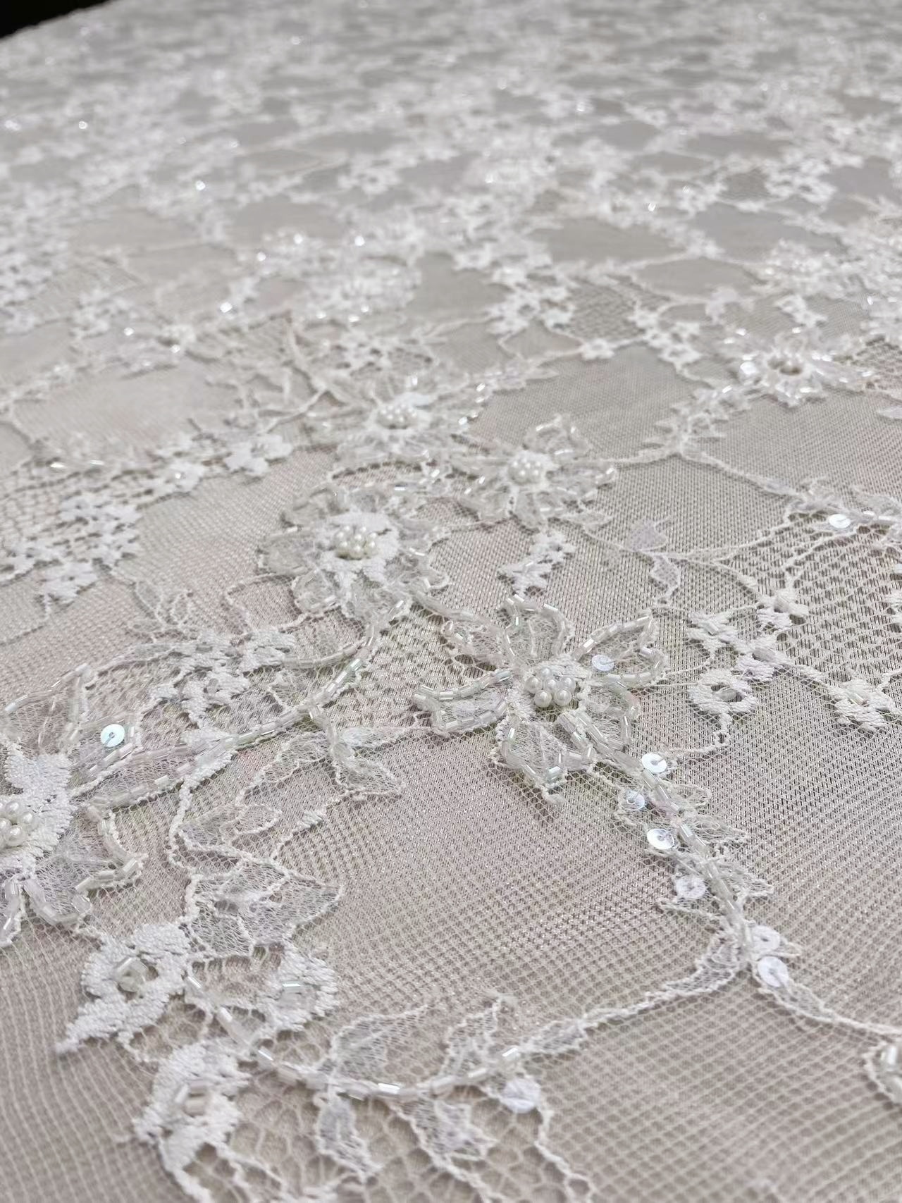 Luxurious Beaded French Chantilly Lace Fabric, Sequin Floral Embroidery Lace for wedding shrugs,bridal gown,Sold by 3 Yard