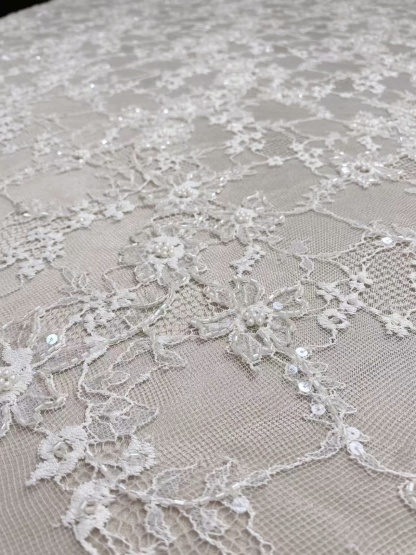 Luxurious Beaded French Chantilly Lace Fabric, Sequin Floral Embroidery Lace for wedding shrugs,bridal gown,Sold by 3 Yard