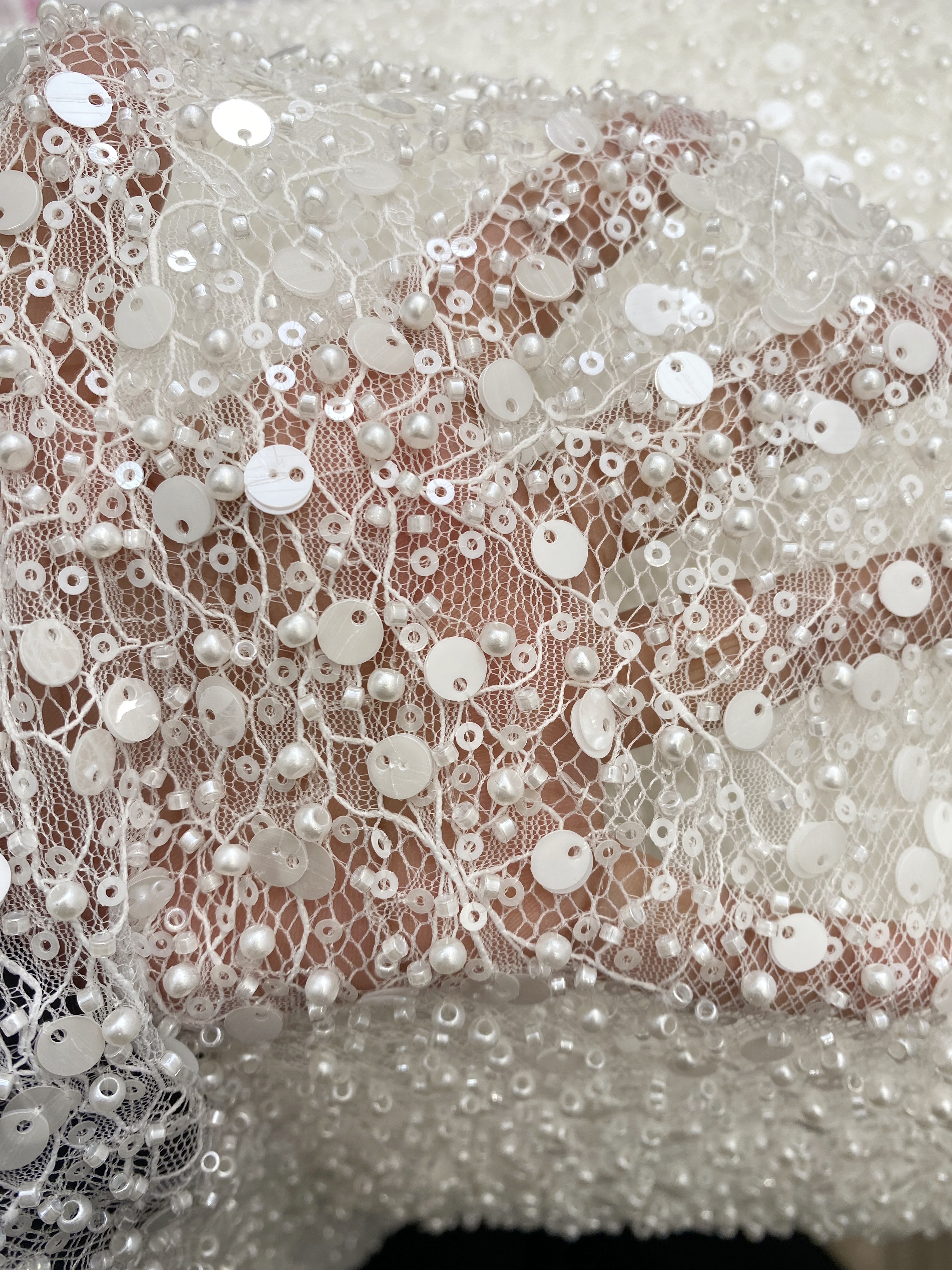 Luxury Beaded Tulle Lace Fabric, White Sequined Bridal Mesh by the Yard for Wedding Dress, Veil, Bridal Gown Embroidery, Floral Lace